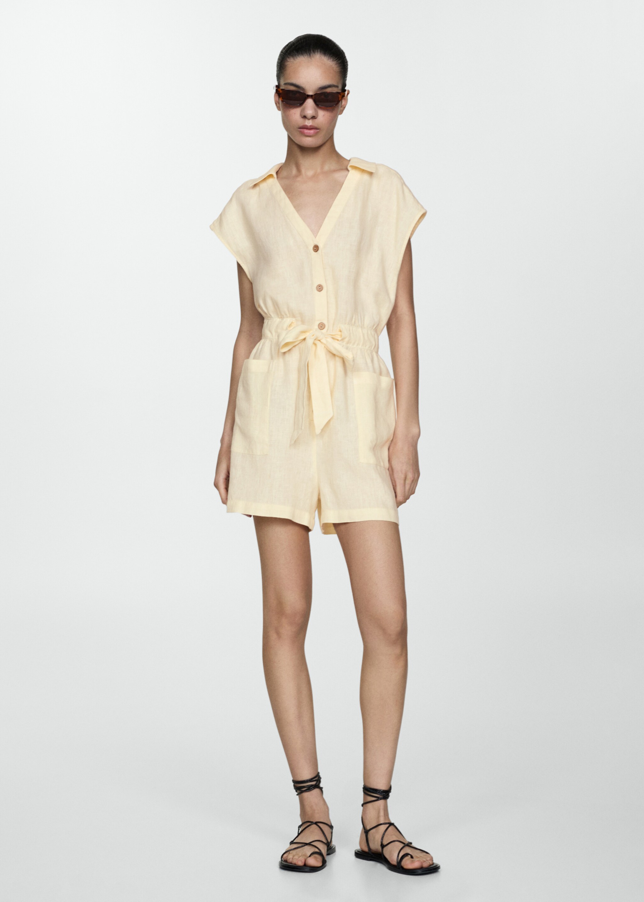 Kurzer Leinen-Jumpsuit mit Schleife - Allgemeine Ansicht