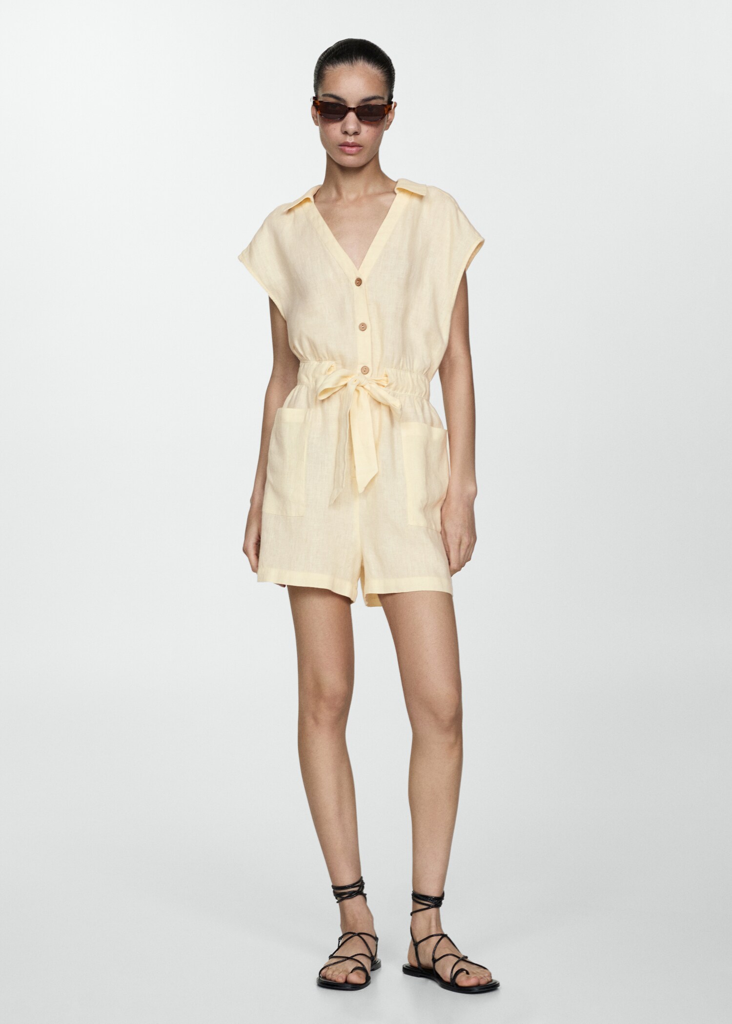 Kurzer Leinen-Jumpsuit mit Schleife - Allgemeine Ansicht