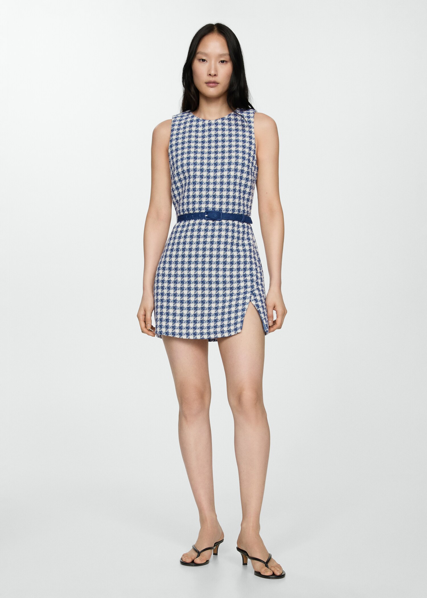 Kleid mit Hahnentrittmuster und Gürtel - Allgemeine Ansicht