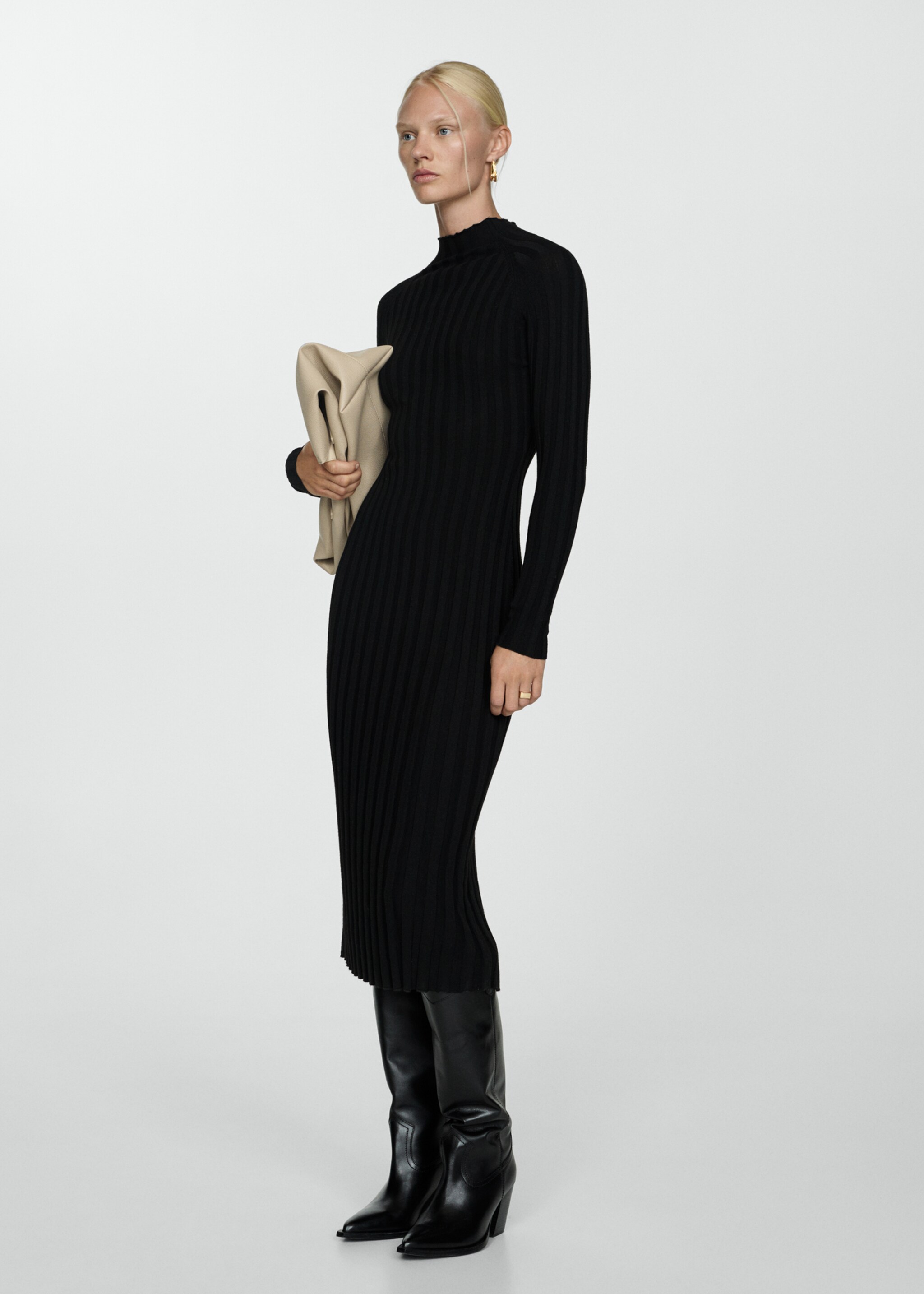 Perkins-neck ribbed dress - General plane, Black. Ref: 77085645-00.