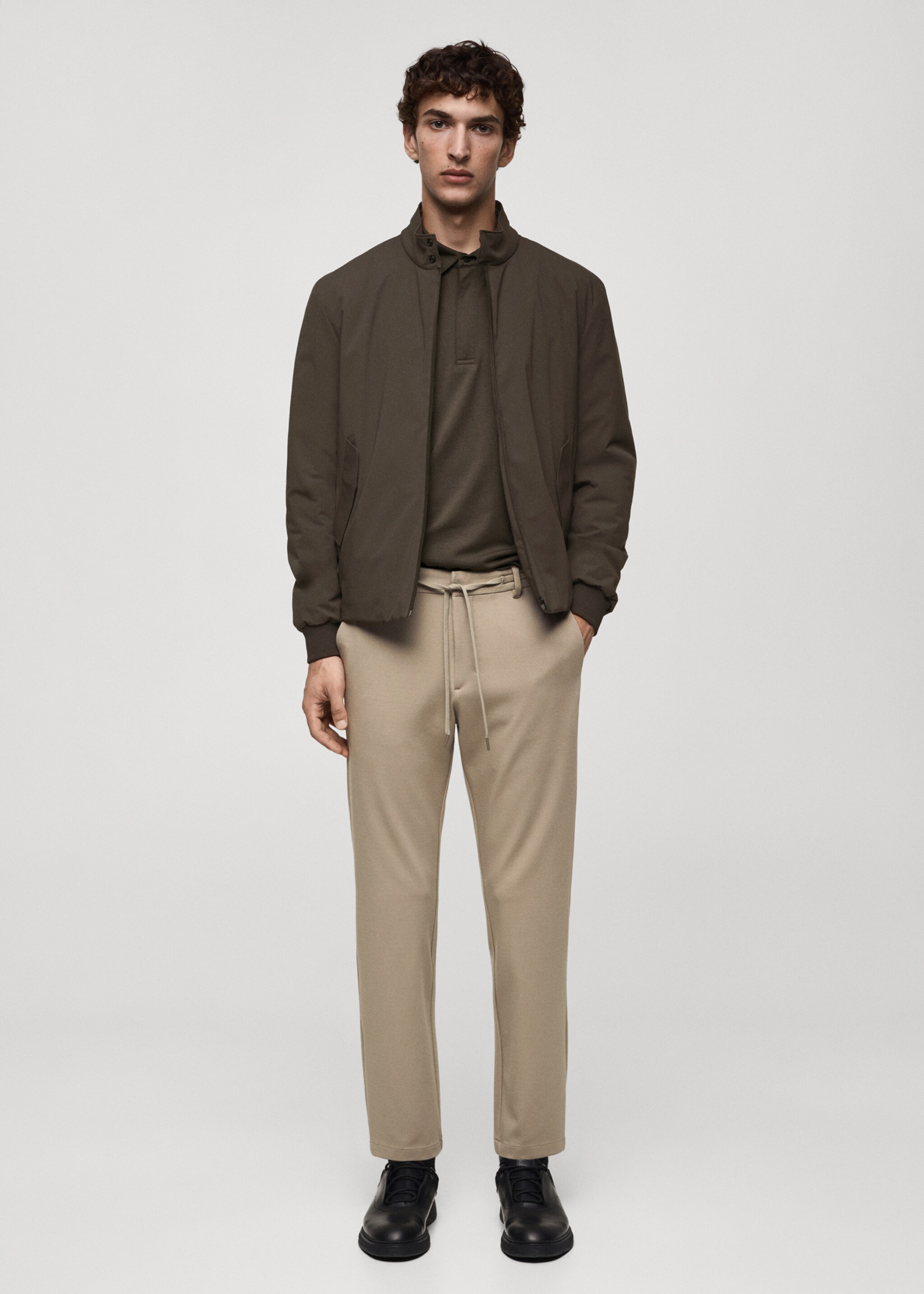 Stretch fabric slim-fit trousers with drawstring - General plane, Beige. Ref: 77085961-00.