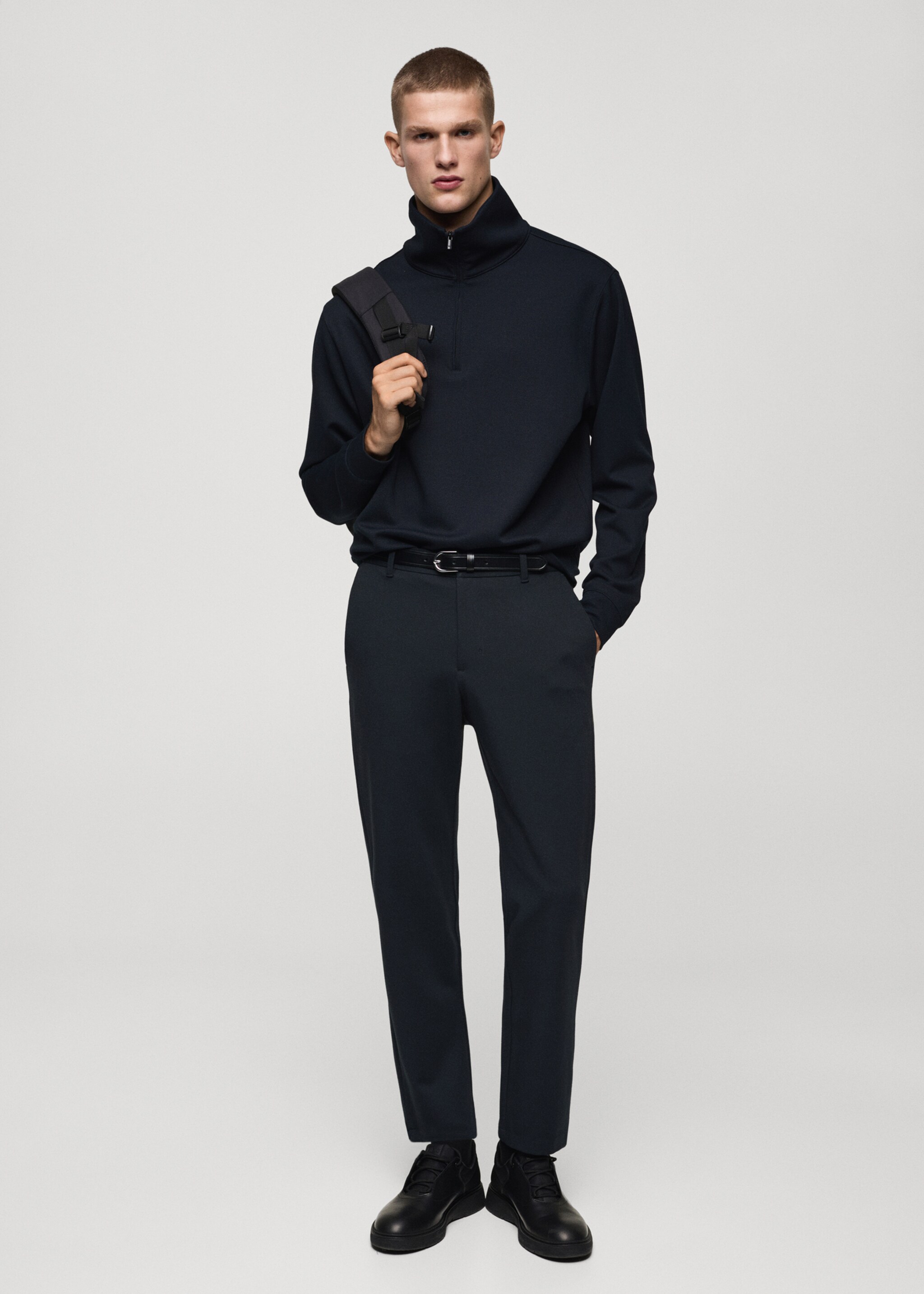 Stretch fabric slim-fit pants with drawstring - General plane, Dark Navy. Ref: 77085961-00.