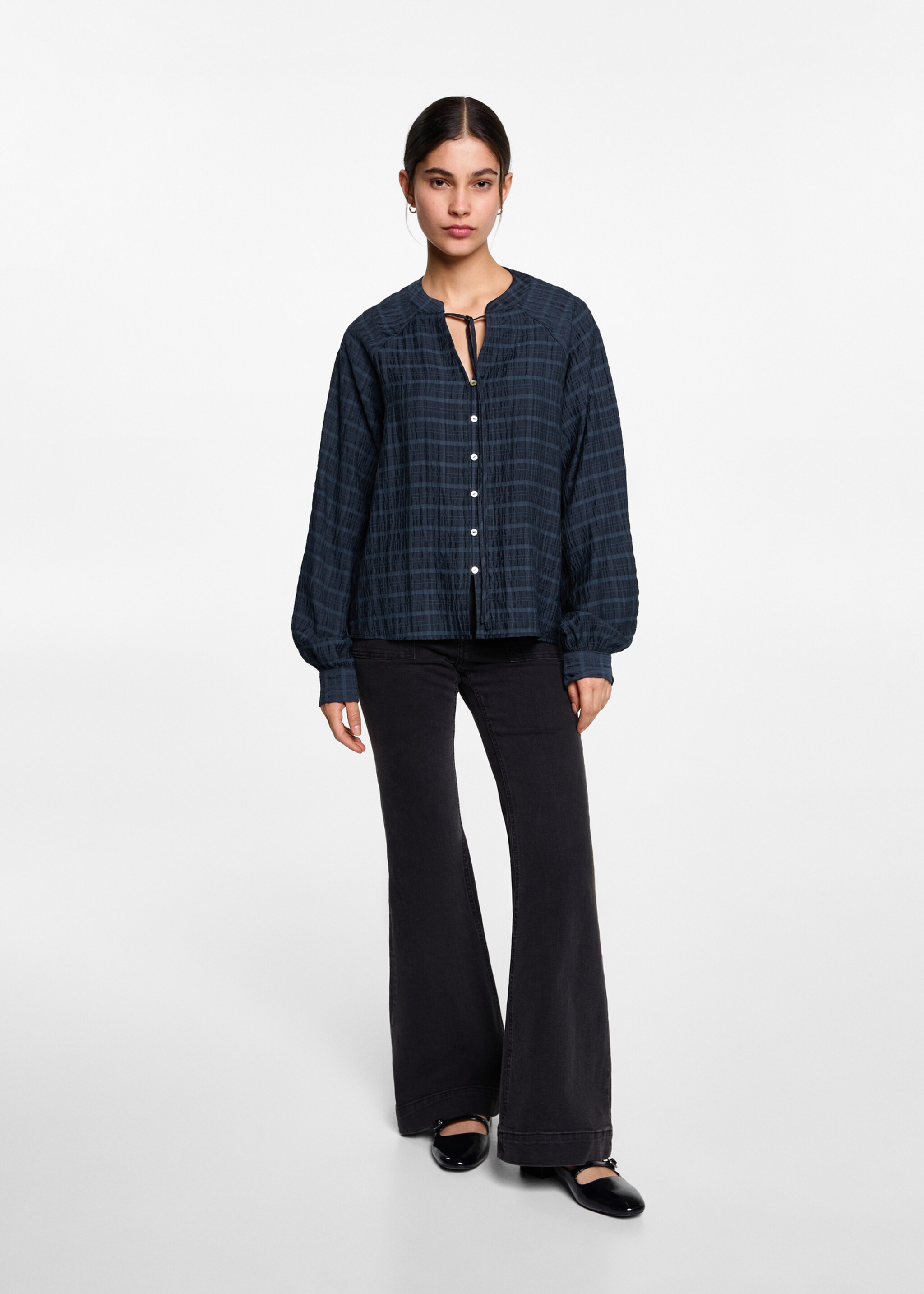 Bow check blouse - General plane, Dark Navy. Ref: 77087701-00.