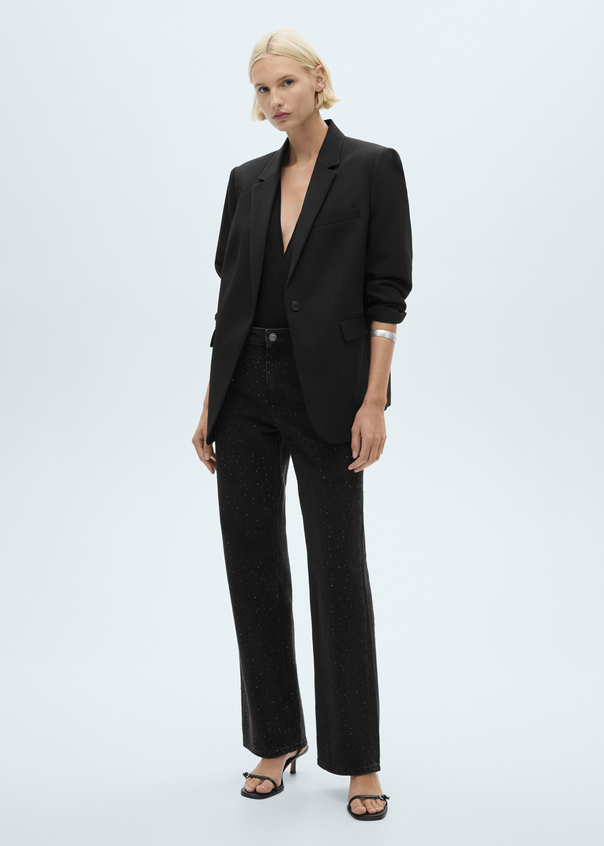 Straight-fit jeans with rhinestone detail - General plane, Black denim. Ref: 77089066-00.