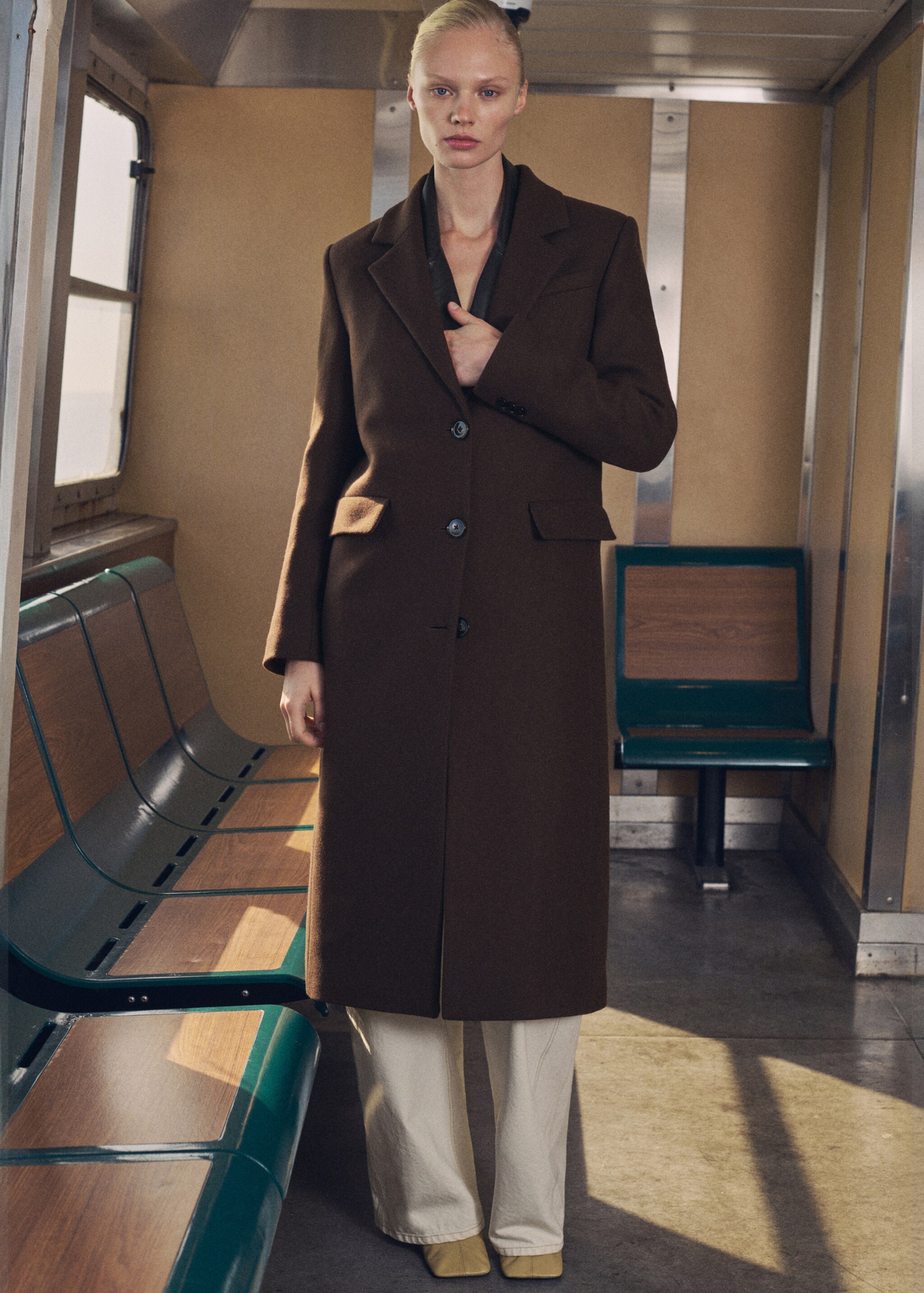 Long structured wool coat - General plane, Brown. Ref: 77089244-00.