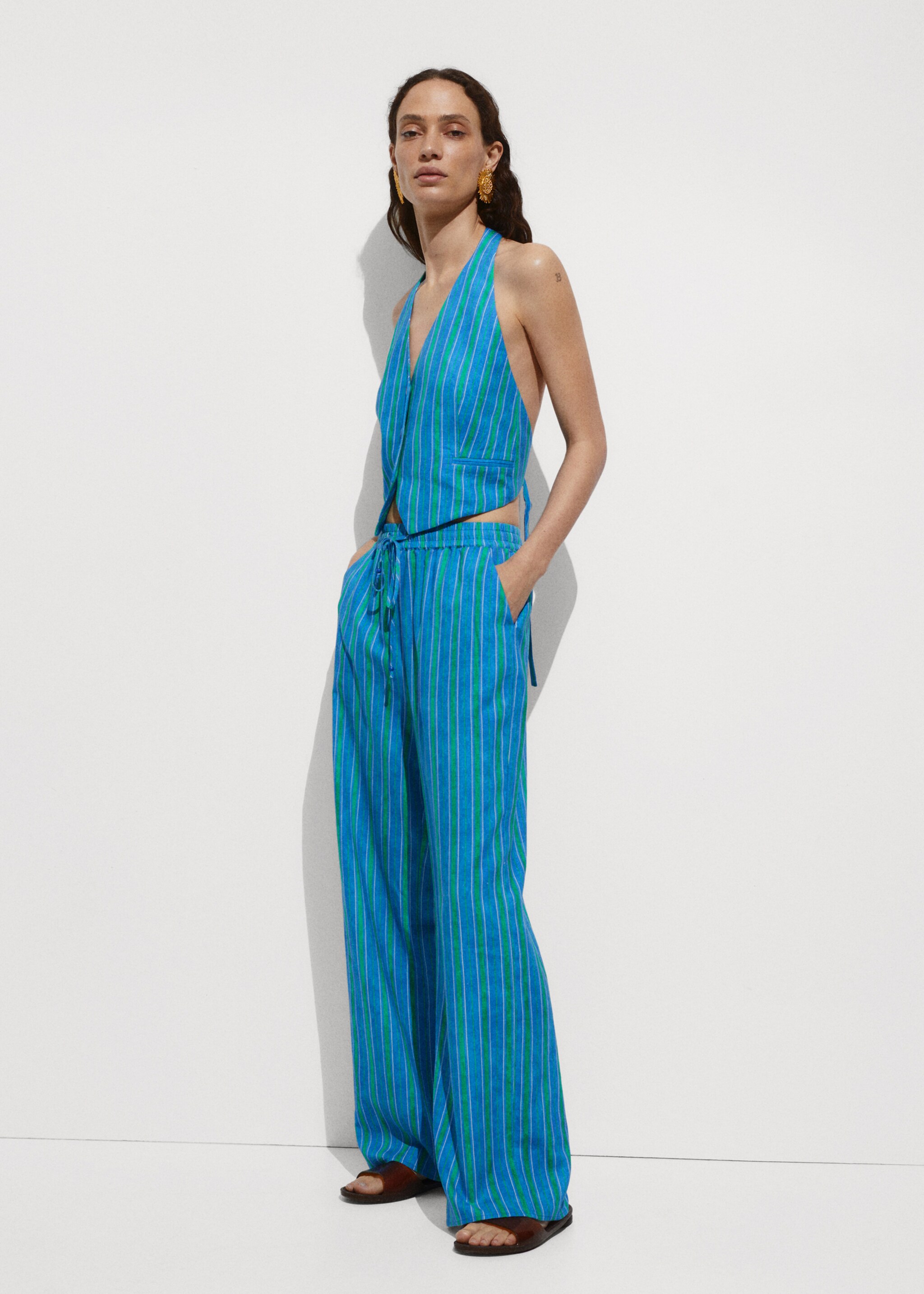 Linen stripe-printed trousers - General plane, Blue. Ref: 77090360-00.