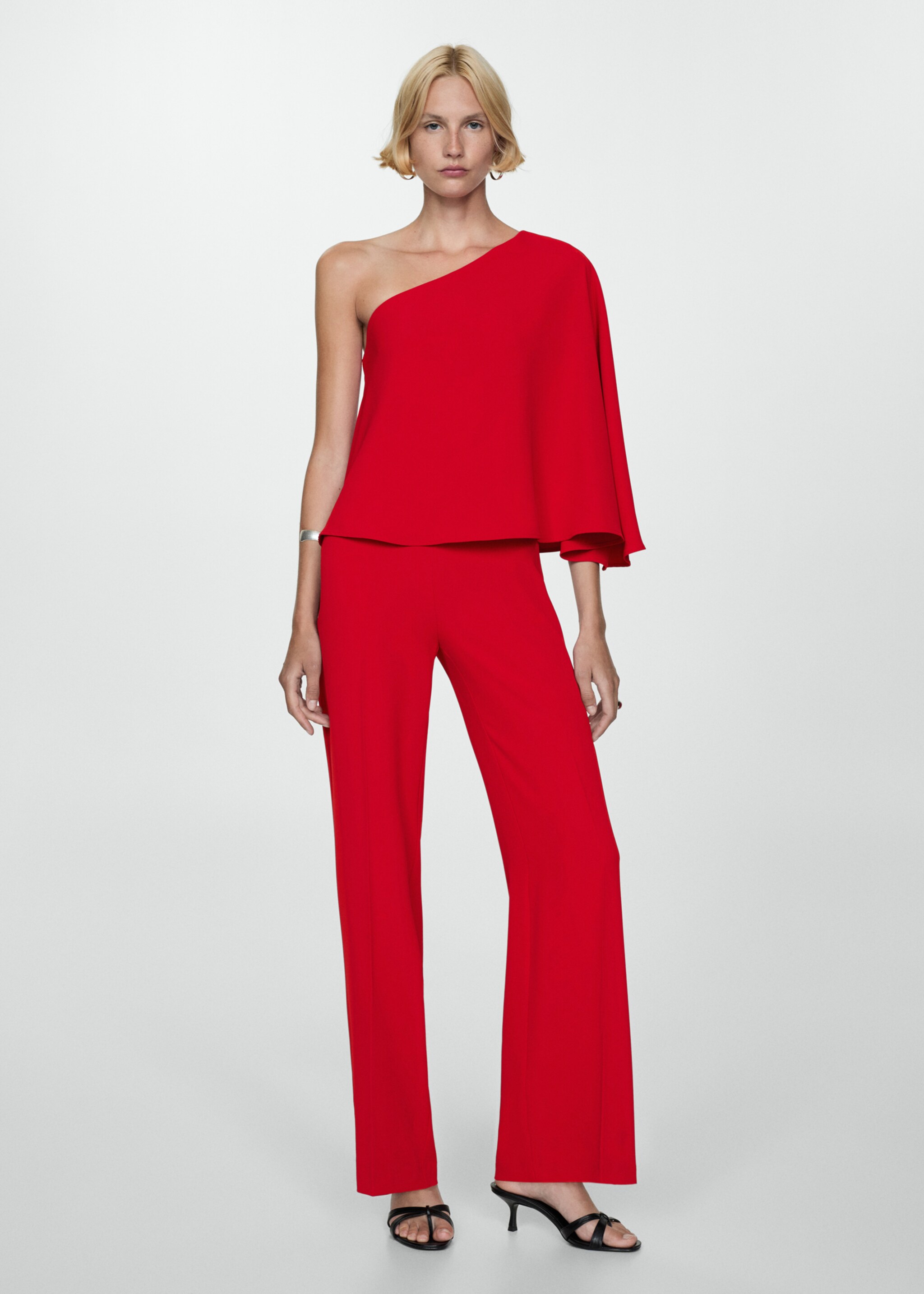 Jumpsuit met cape en asymmetrische mouw - Overzichtstekening, Rood. Ref: 77090370-00.