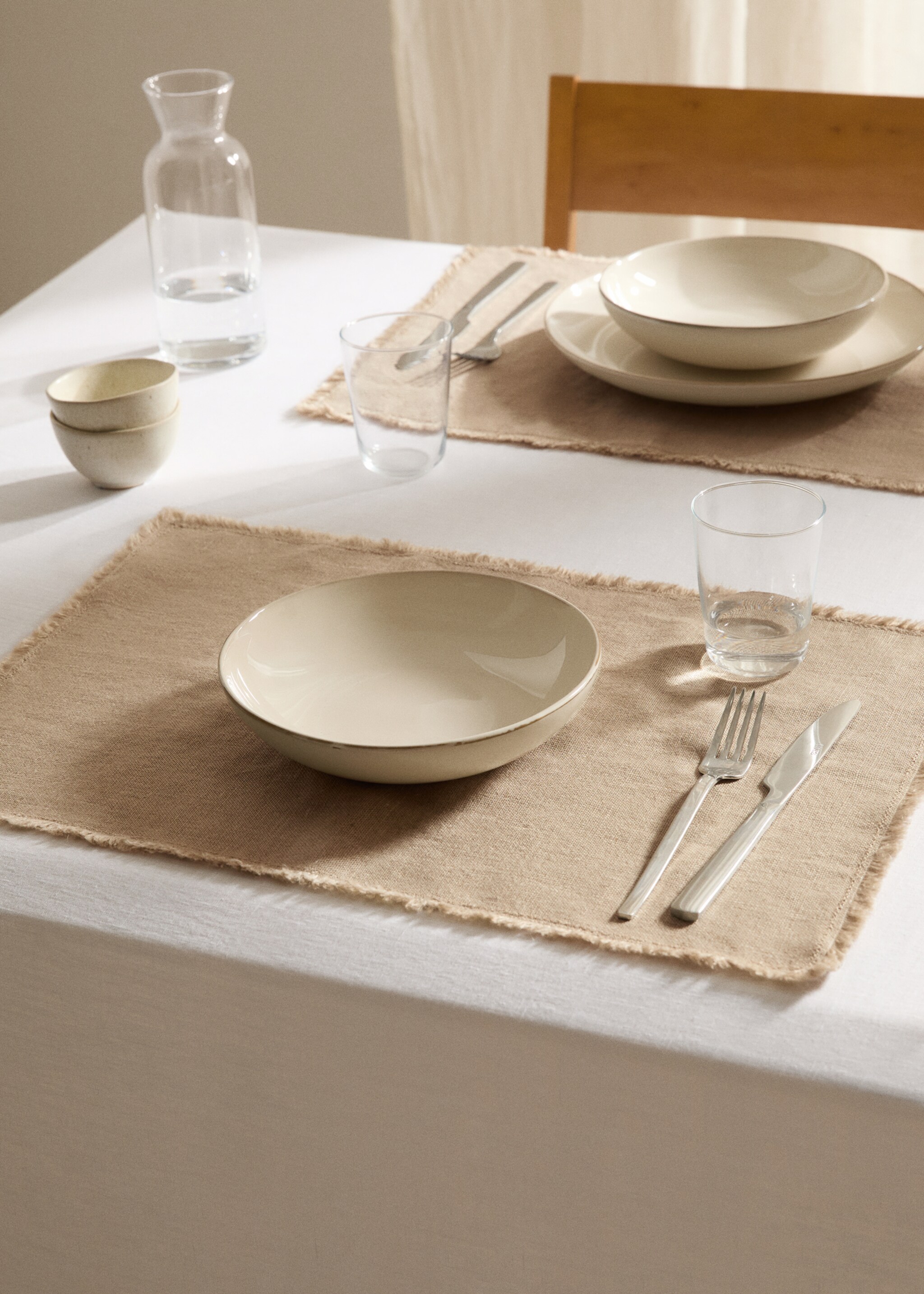 100% linen fringed placemat - General plane, Sand. Ref: 77090591-00.