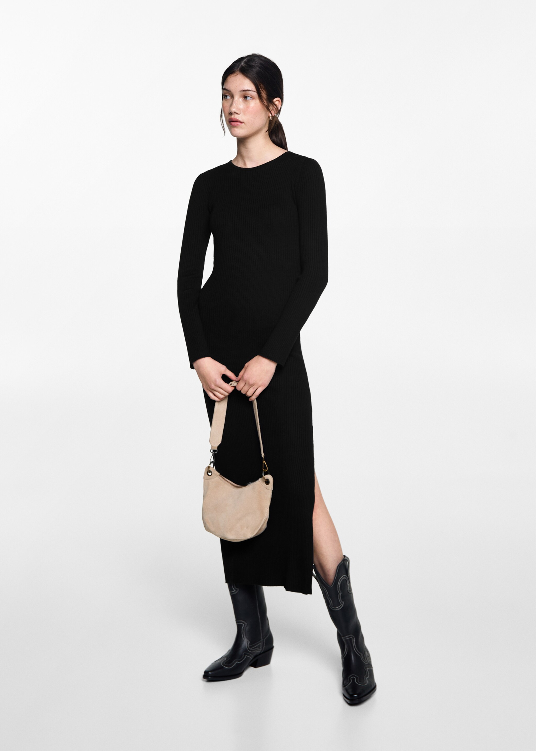 Geripptes Midikleid - Allgemeine Ansicht, Schwarz. Ref: 77094039-00.