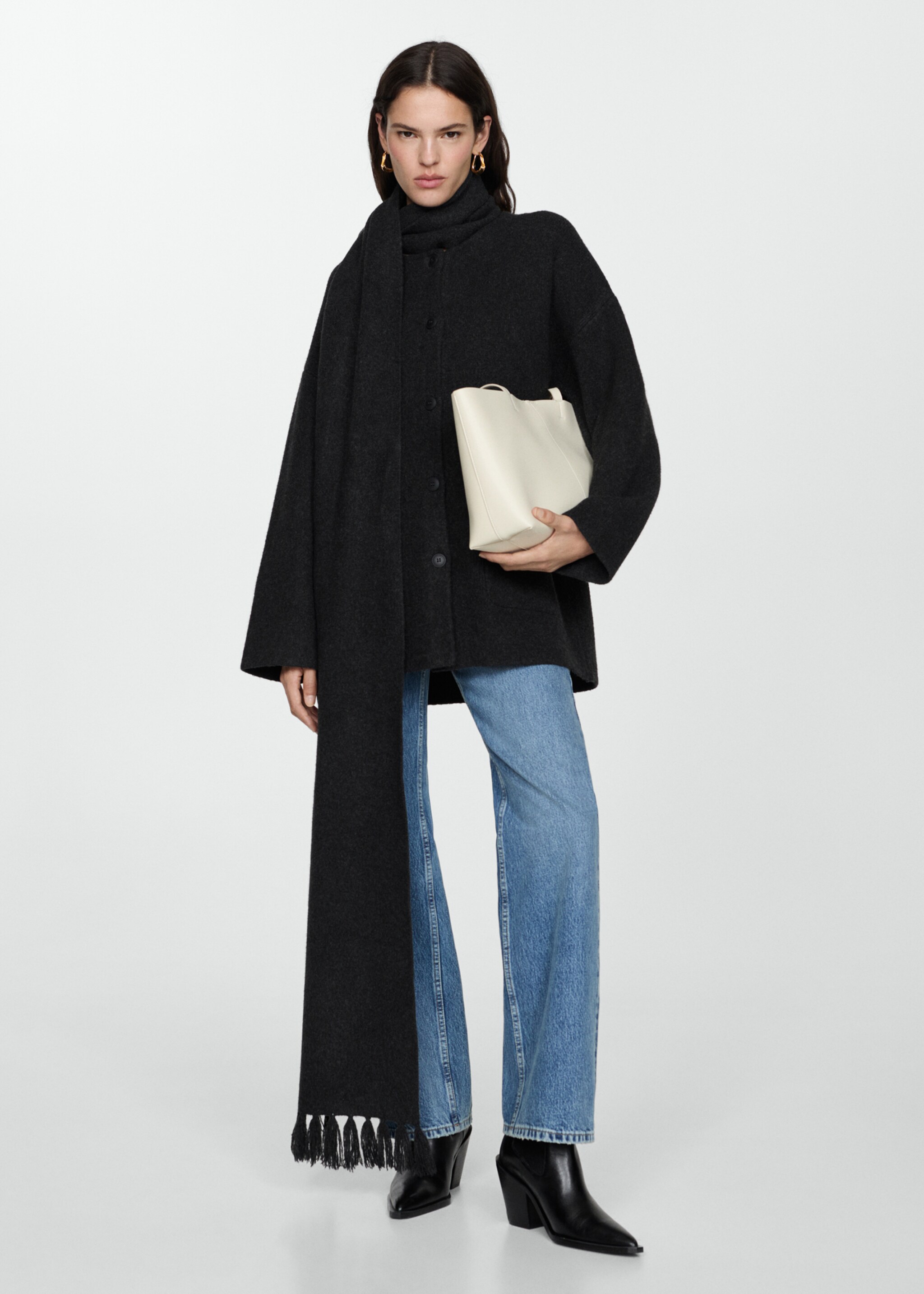Knitted coat with detachable scarf - General plane, Charcoal. Ref: 77095660-00.