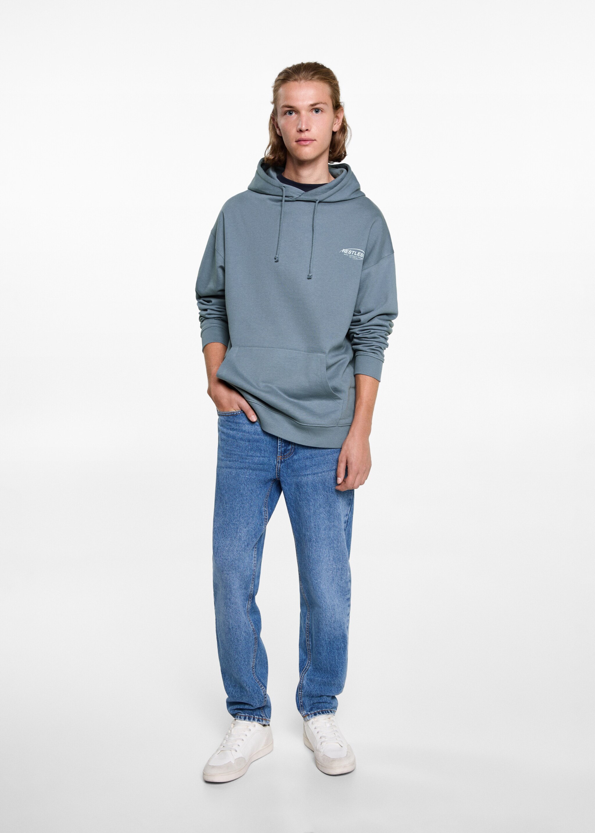 Sudadera estampada capucha - Plano general, Azul. Ref: 77096349-00.