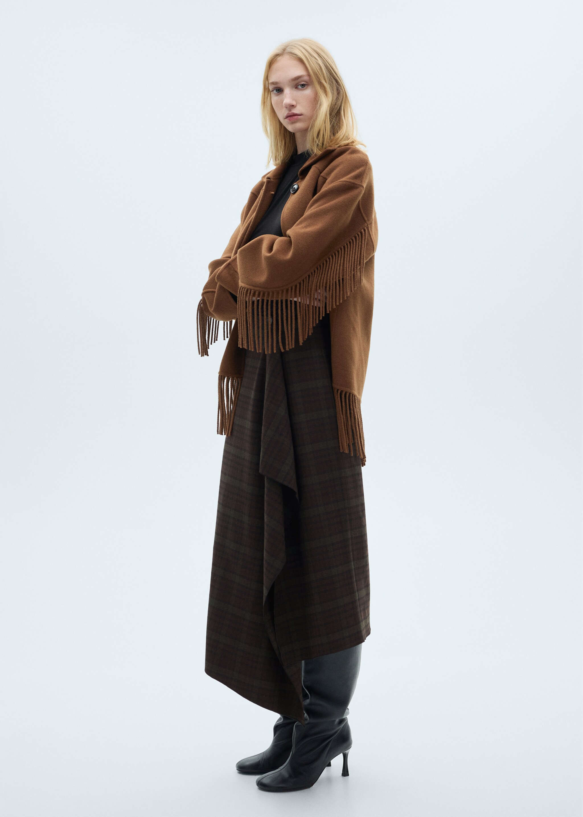 Falda asimétrica cuadros - Plano general, Khaki. Ref: 77099068-00.