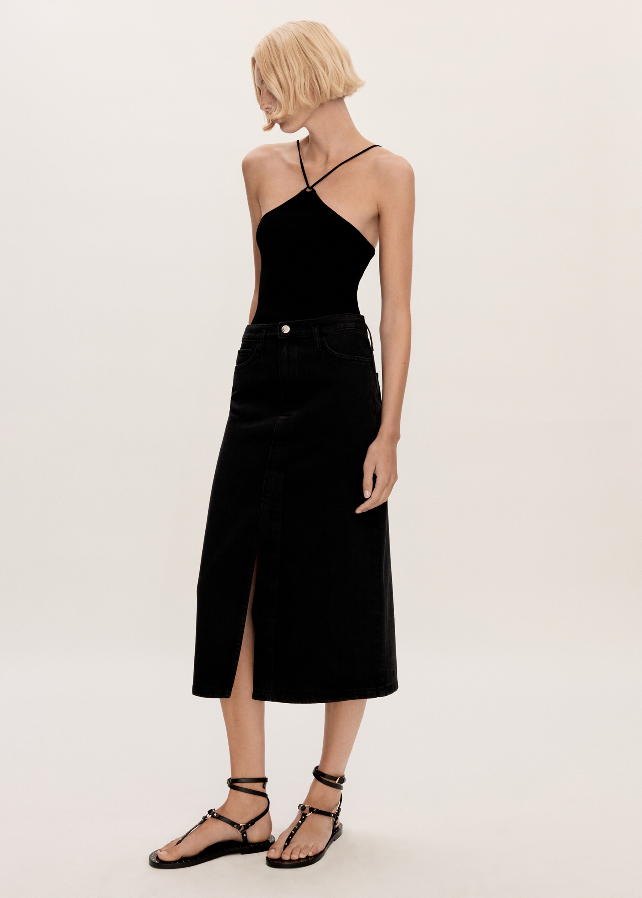 Slit denim skirt - General plane, Black denim. Ref: 77099405-00.