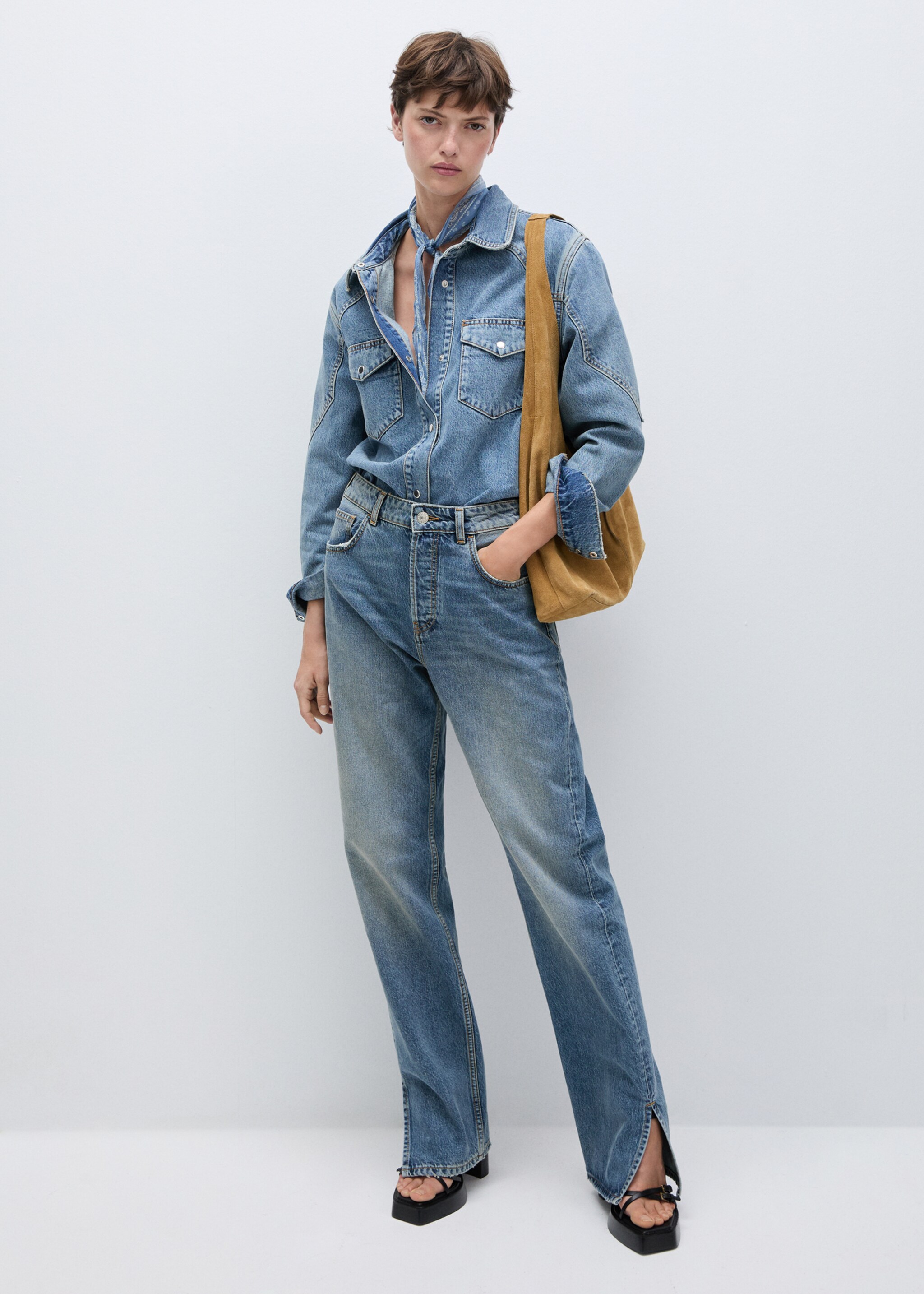 Medium-rise straight jeans with slits - General plane, Dark Blue. Ref: 77974068-00.