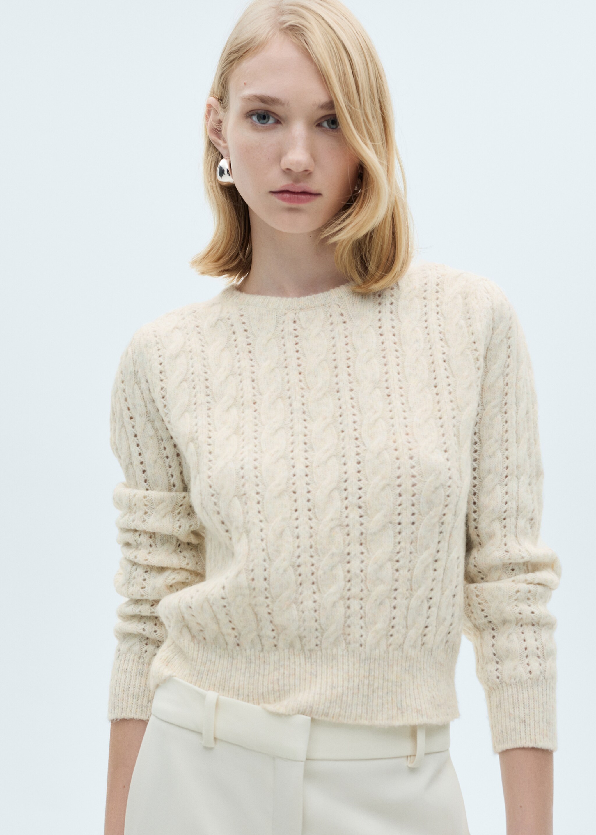 Braided sweater with lace accents - Medium plane, Ecru. Ref: 87000365-00.