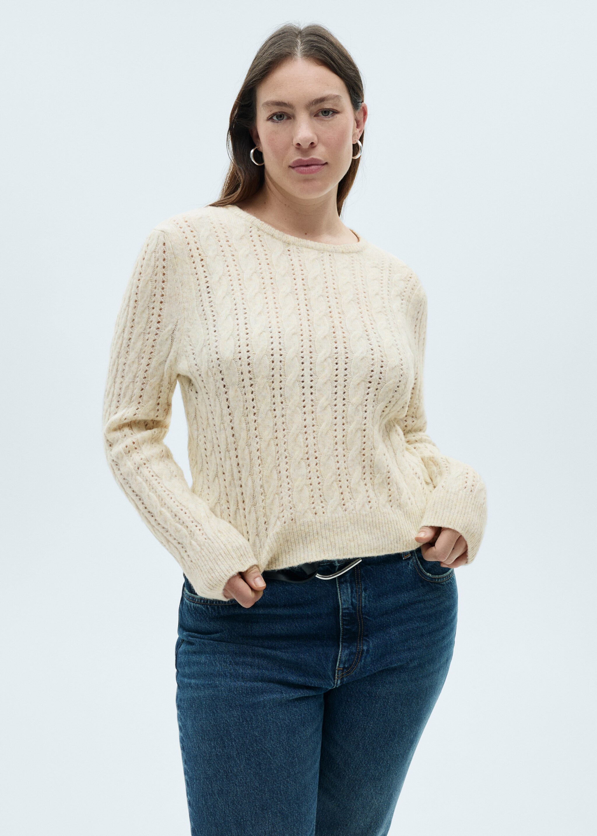 Braided sweater with lace accents - Details of the article 5, Ecru. Ref: 87000365-00.