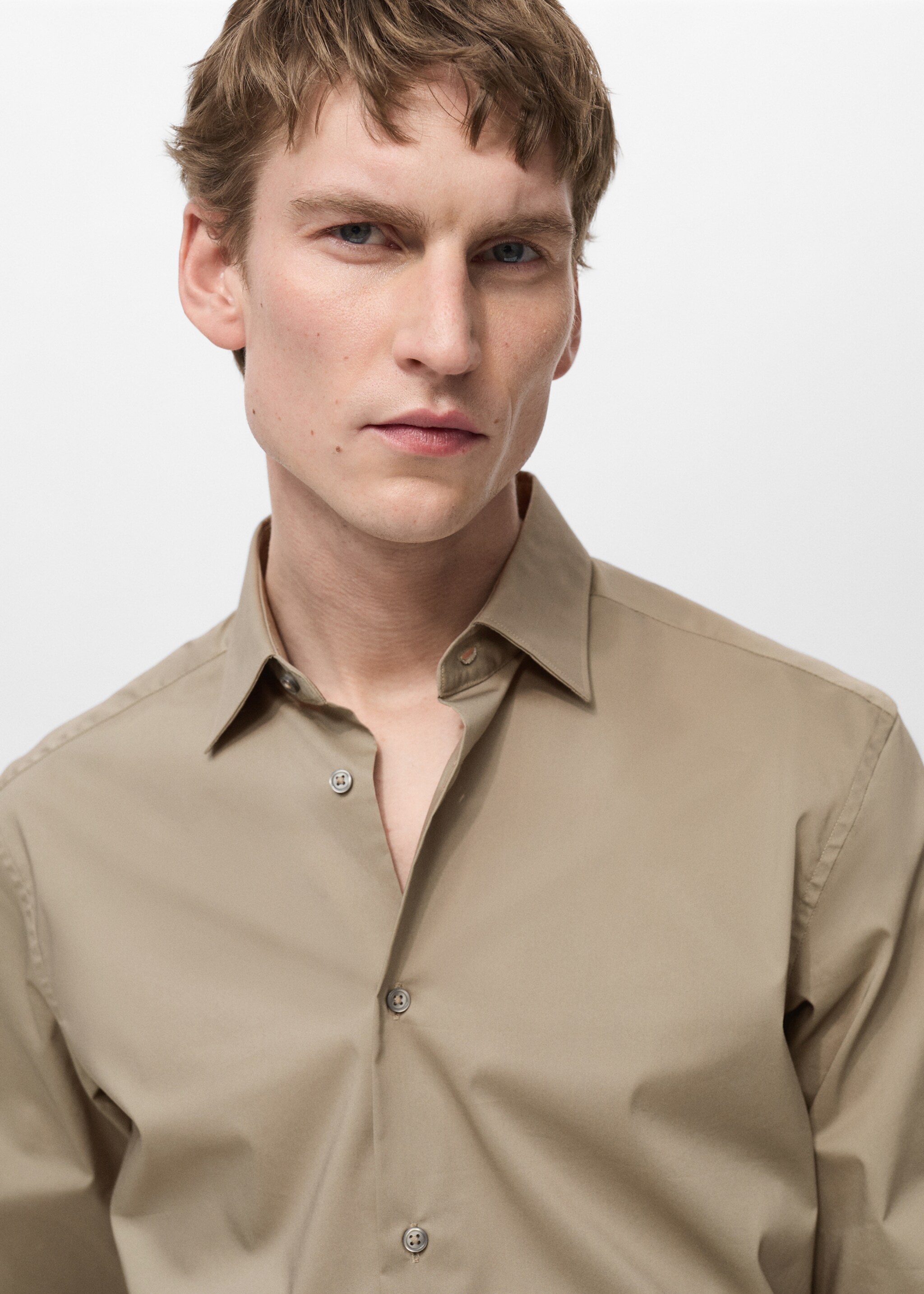 Regular-fit stretch cotton shirt - Details of the article 1, Medium Brown. Ref: 87000602-00.