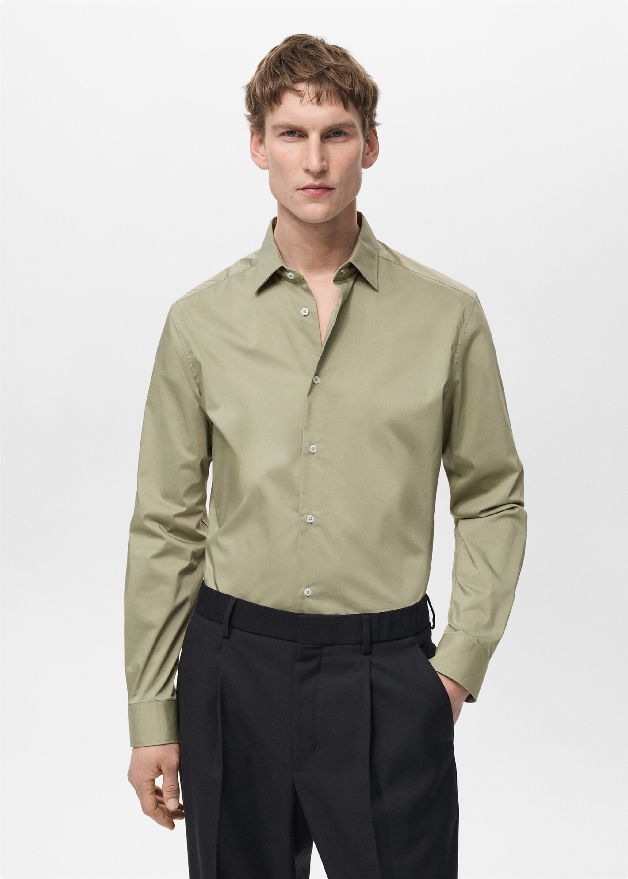 Regular-fit stretch cotton shirt - Medium plane, Green. Ref: 87000602-00.