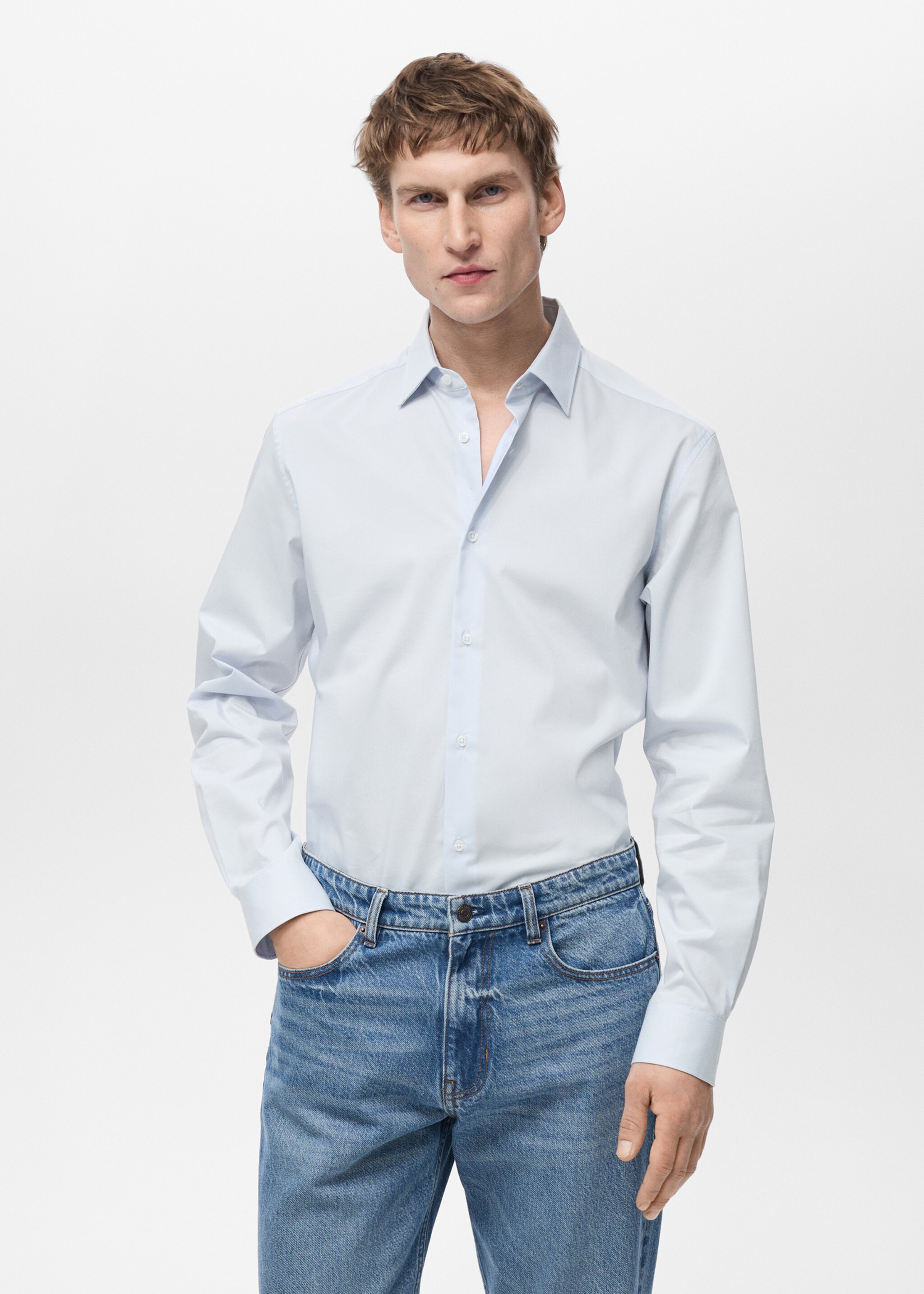 Regular-fit stretch cotton shirt - Medium plane, Sky Blue. Ref: 87000602-00.