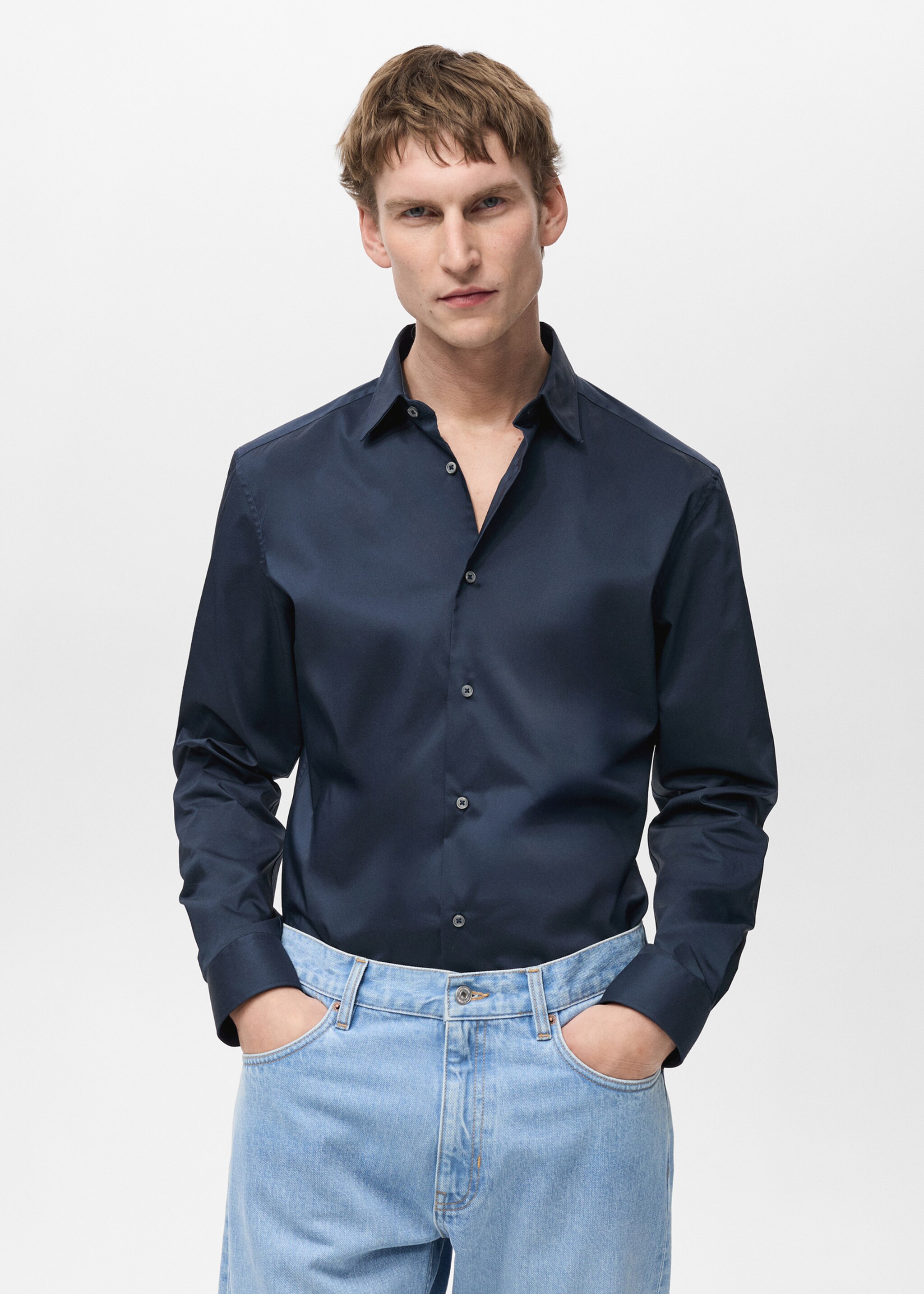 Regular-fit stretch cotton shirt - Medium plane, Dark Navy. Ref: 87000602-00.