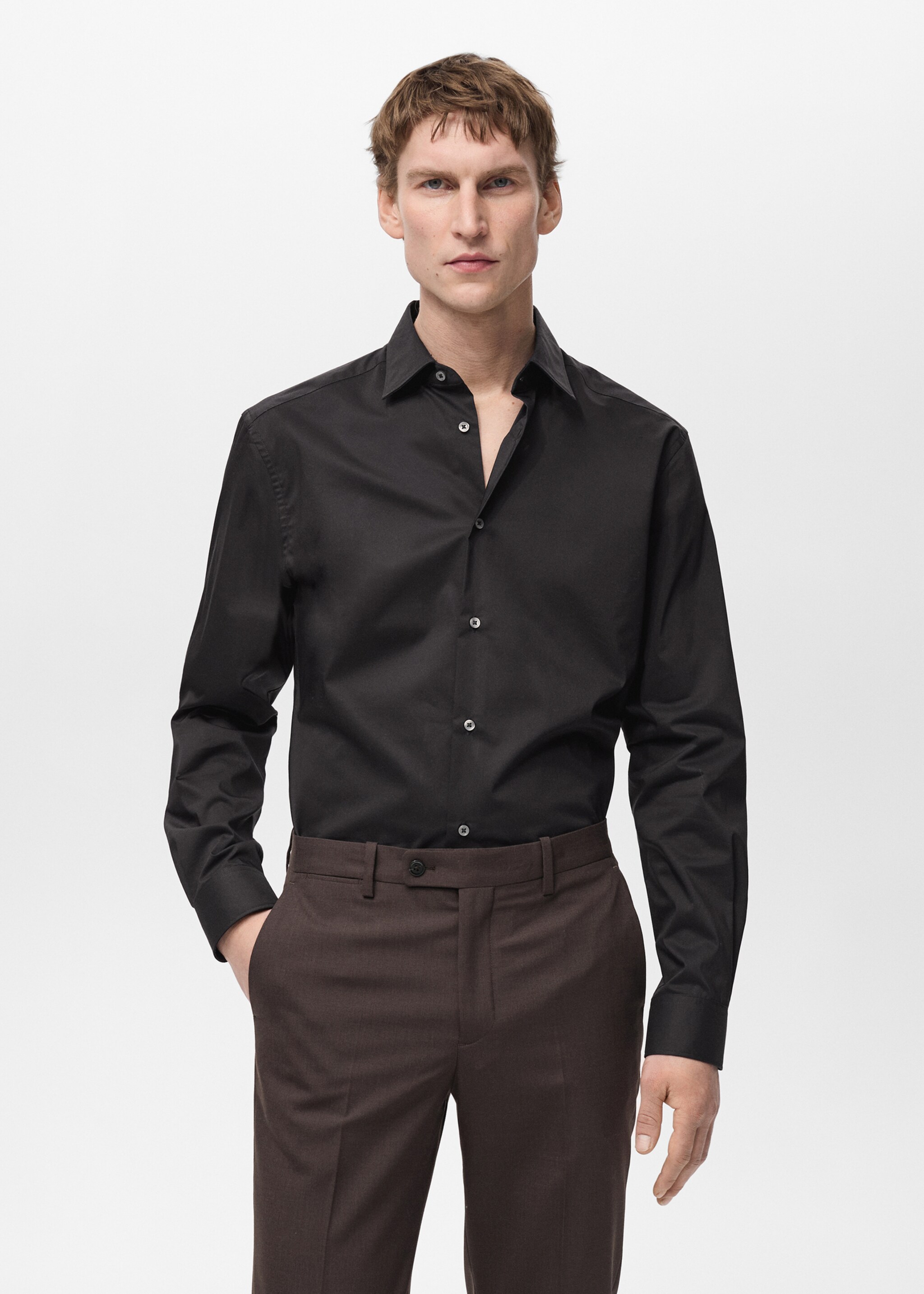 Regular-fit stretch cotton shirt - Medium plane, Black. Ref: 87000602-00.