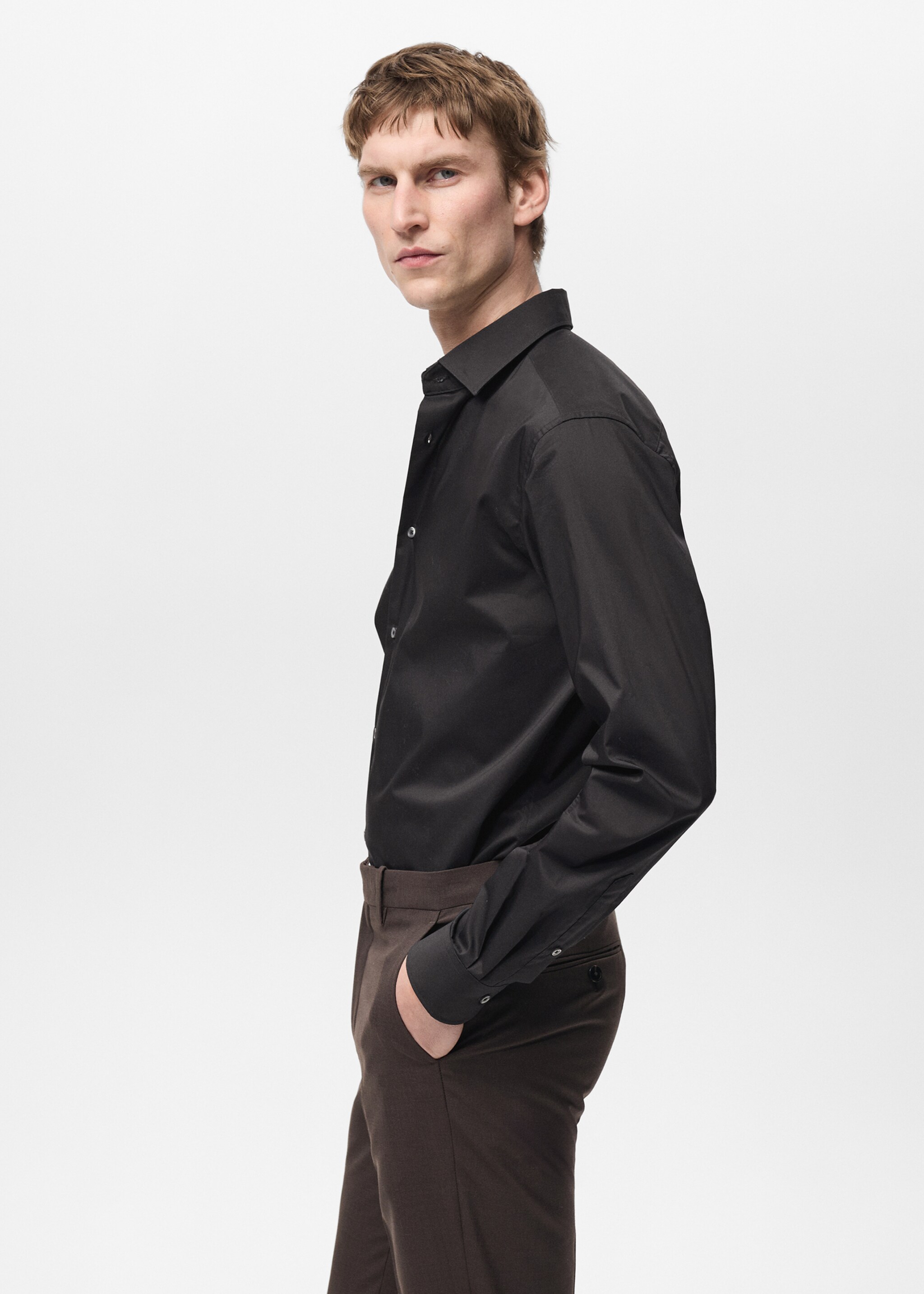 Regular-fit stretch cotton shirt - Details of the article 2, Black. Ref: 87000602-00.
