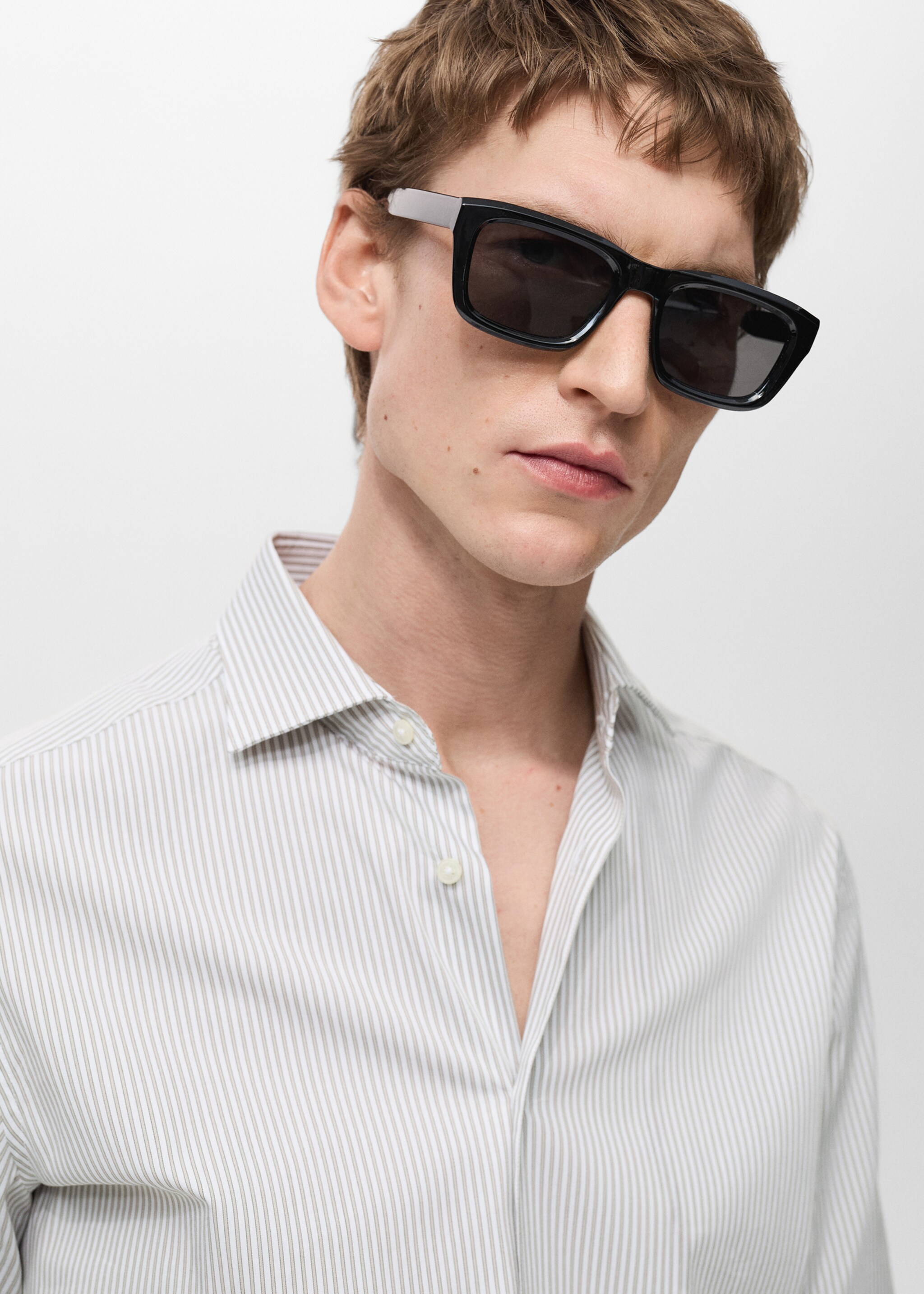 Slim fit striped cotton shirt - Details of the article 1, Brown. Ref: 87000607-00.