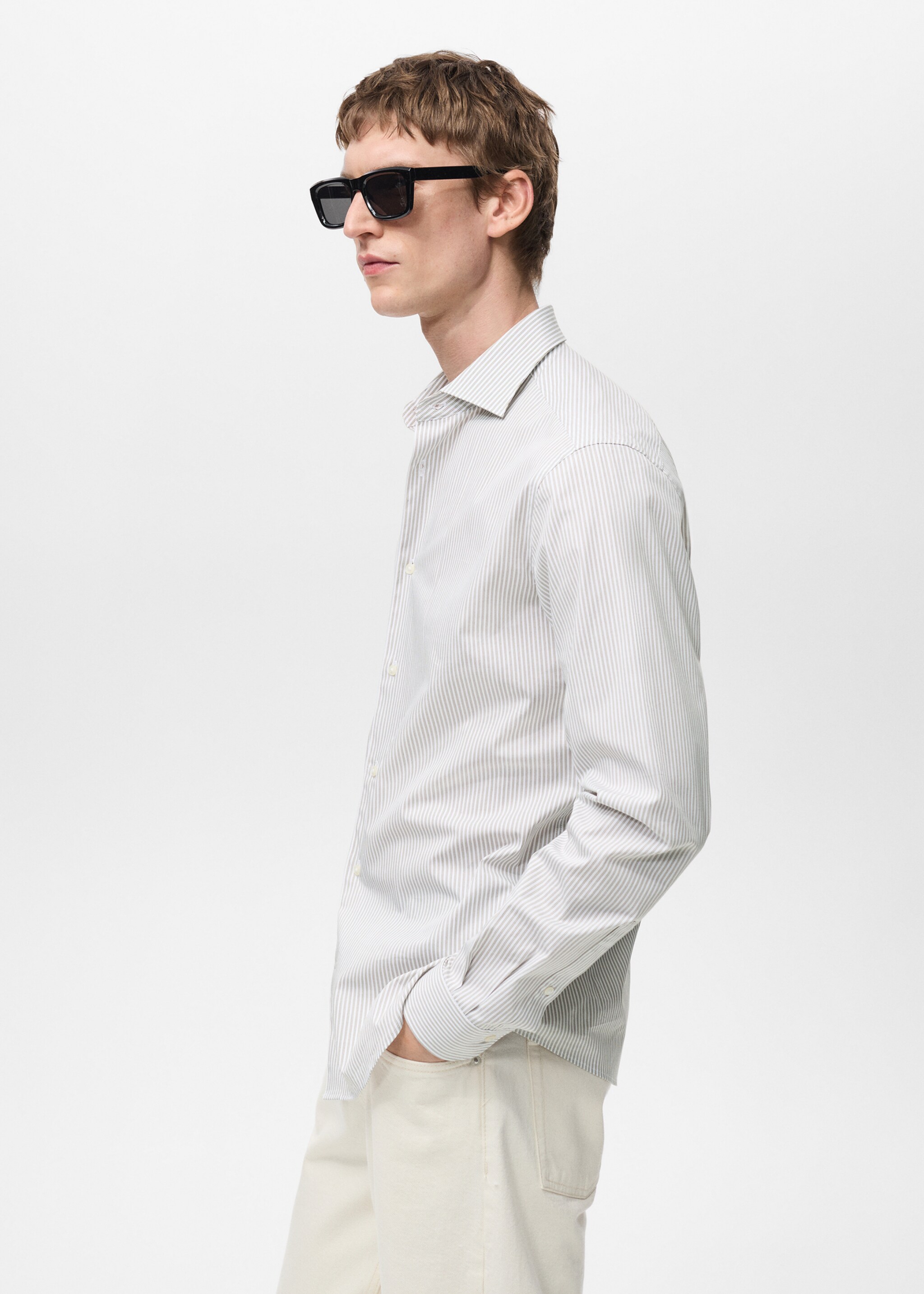 Slim fit striped cotton shirt - Details of the article 2, Brown. Ref: 87000607-00.