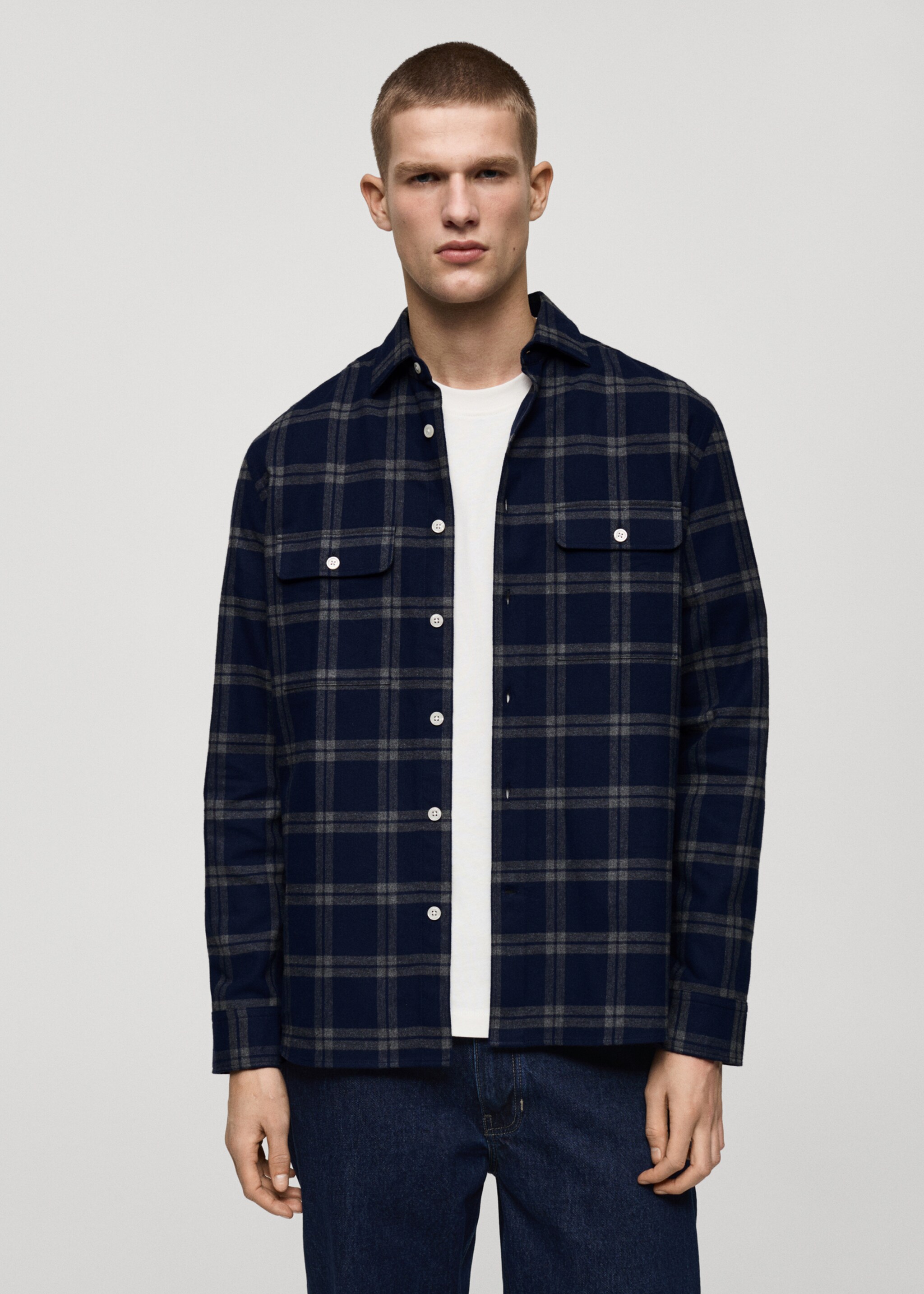 100% cotton flannel check overshirt - Medium plane, Dark Navy. Ref: 87000610-00.