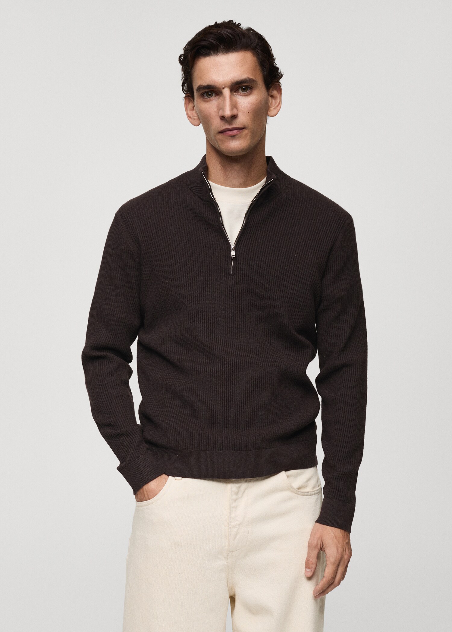 Ribbed sweater with zip neck - Medium plane