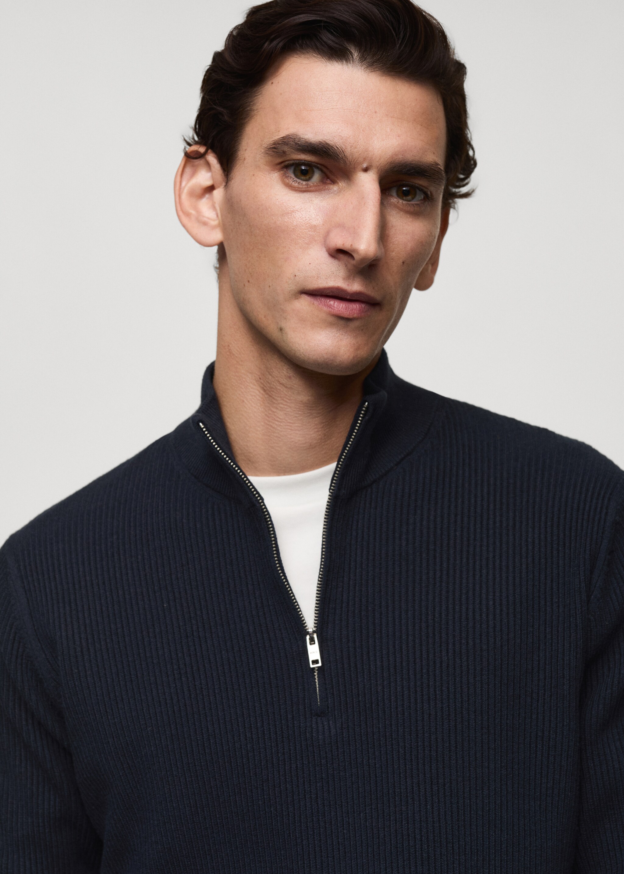 Ribbed sweater with zip neck - Details of the article 1, Dark Navy. Ref: 87000611-00.
