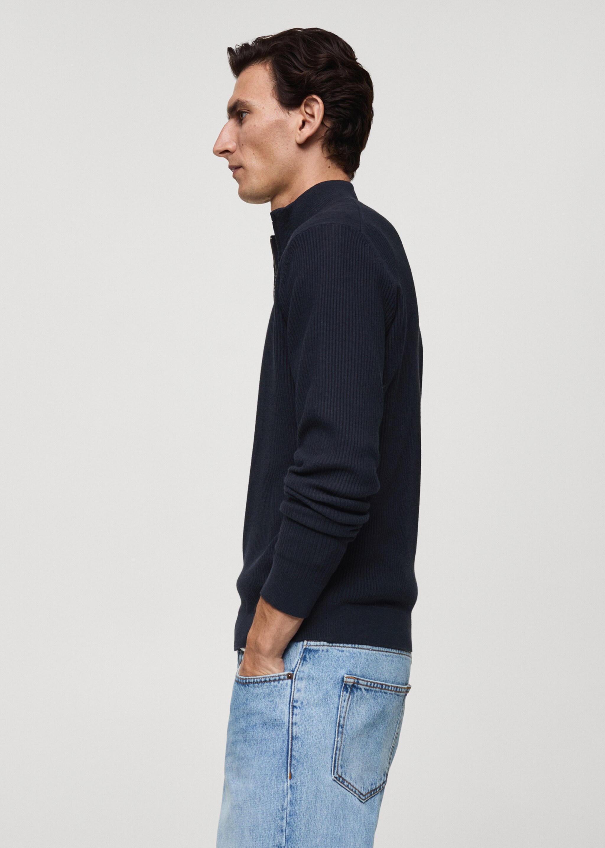 Ribbed sweater with zip neck - Details of the article 2, Dark Navy. Ref: 87000611-00.
