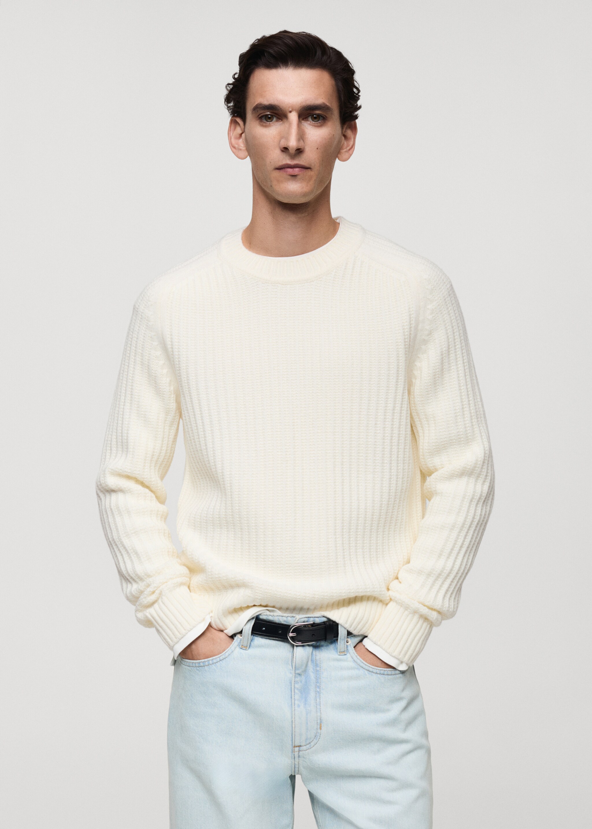 Gerippter Pullover aus Wollgemisch - Mittlere Ansicht, Cremeweiß. Ref: 87000612-00.