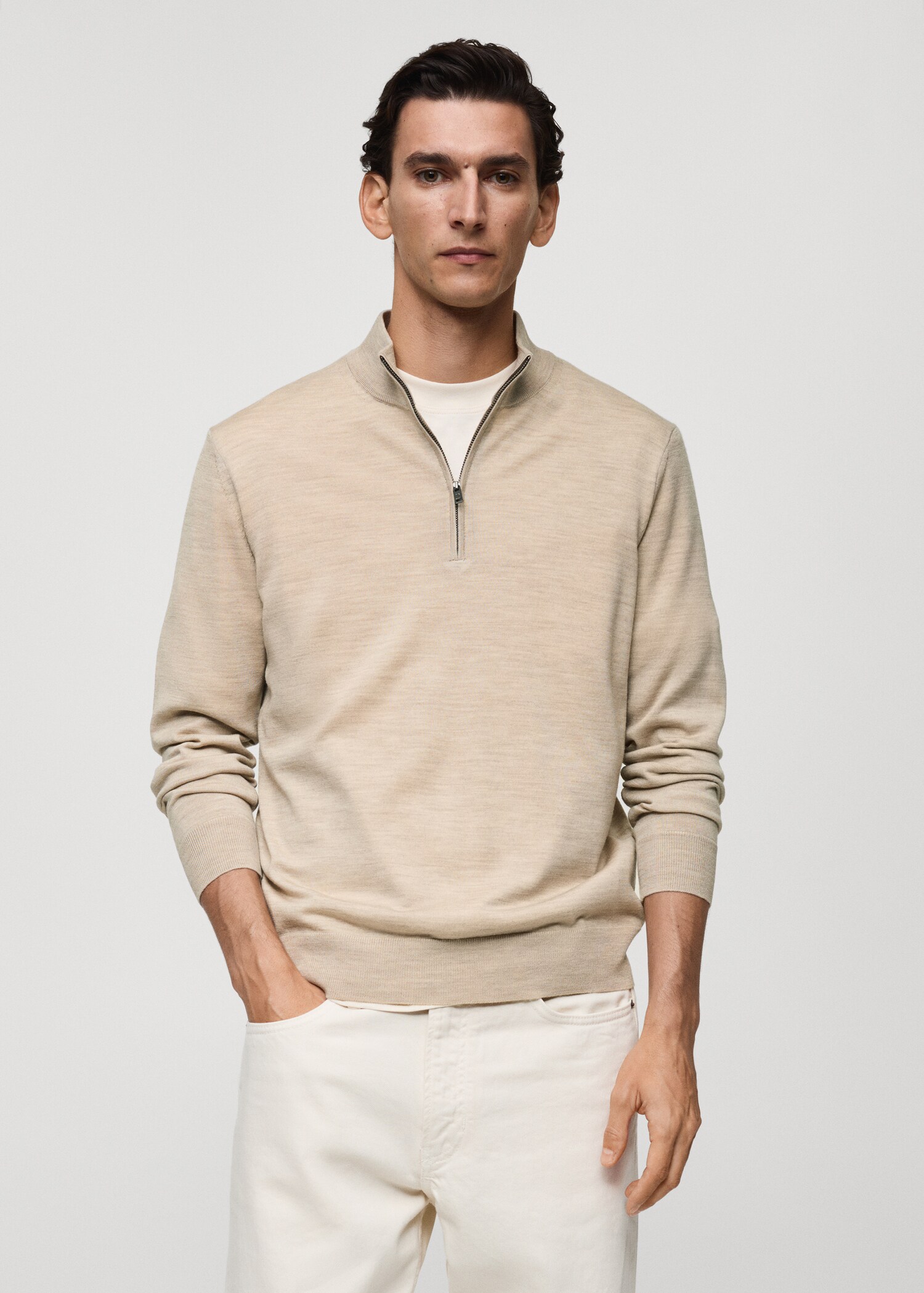 100% merino wool perkins-neck sweater with zip - Medium plane