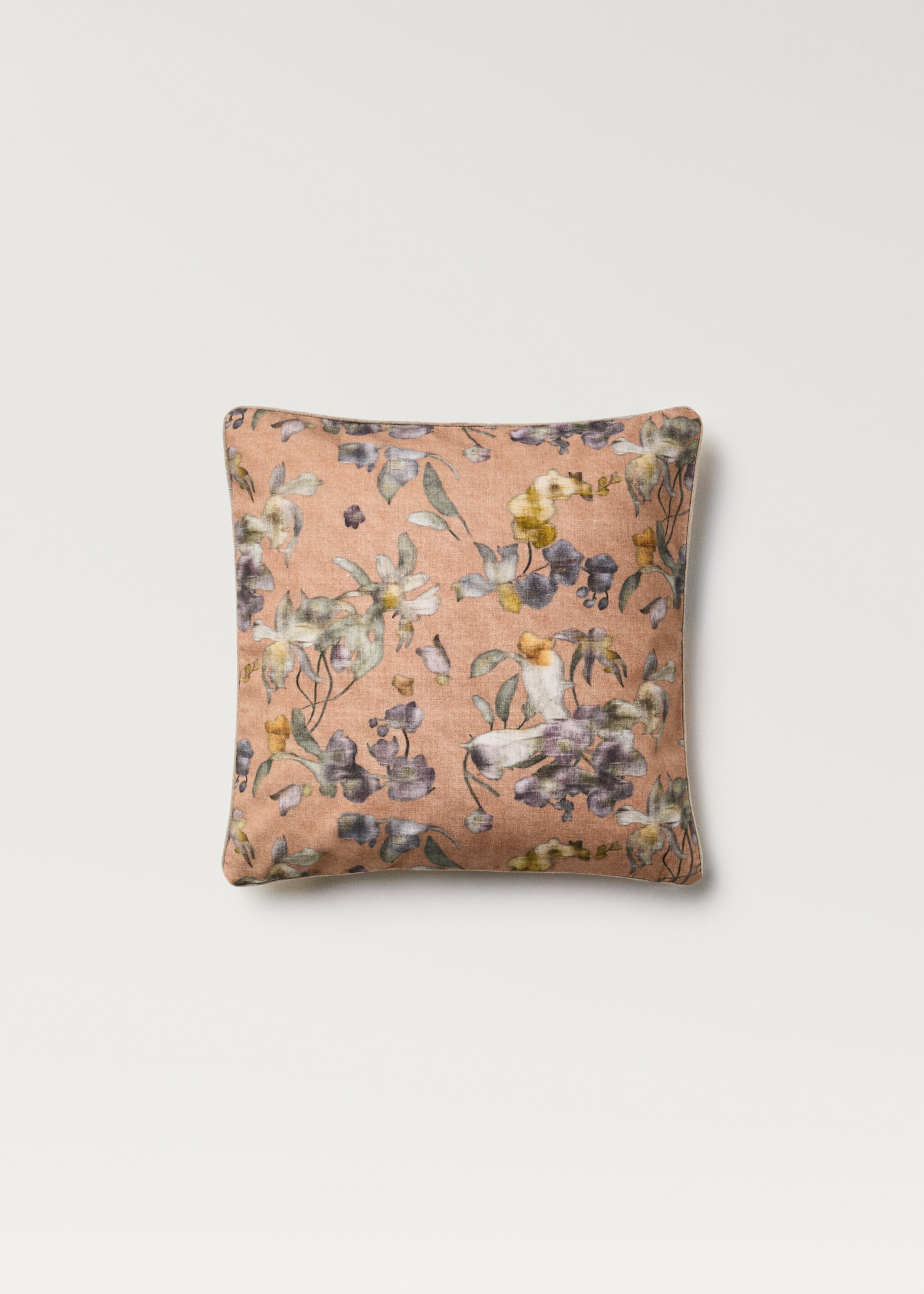 Cushion cover with floral-print trim 45x45 cm - Article without model, Peach. Ref: 87002029-00.