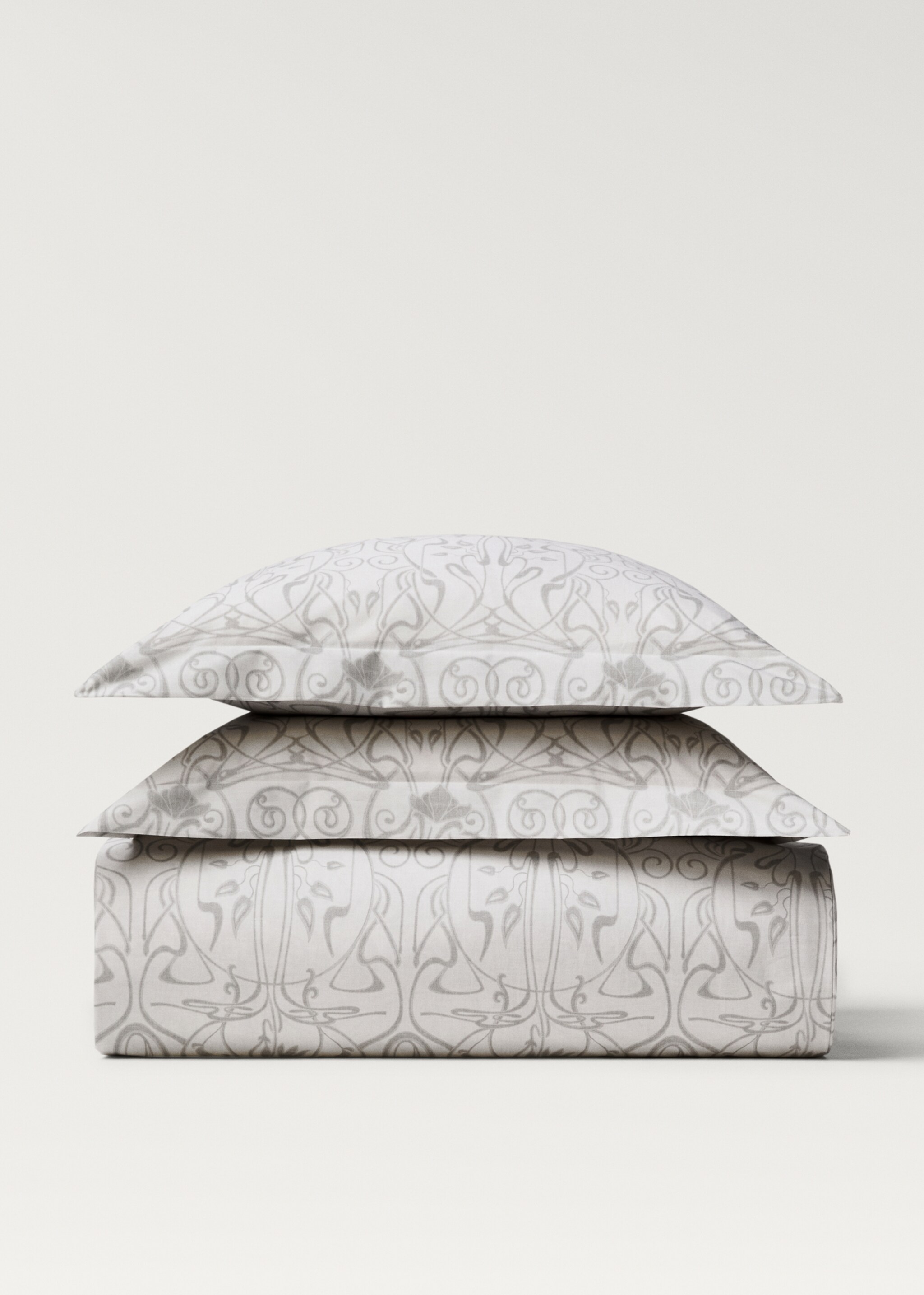 Percale cotton duvet cover with ornamental print Single bed - Article without model, Light/Pastel Grey. Ref: 87002942-00.