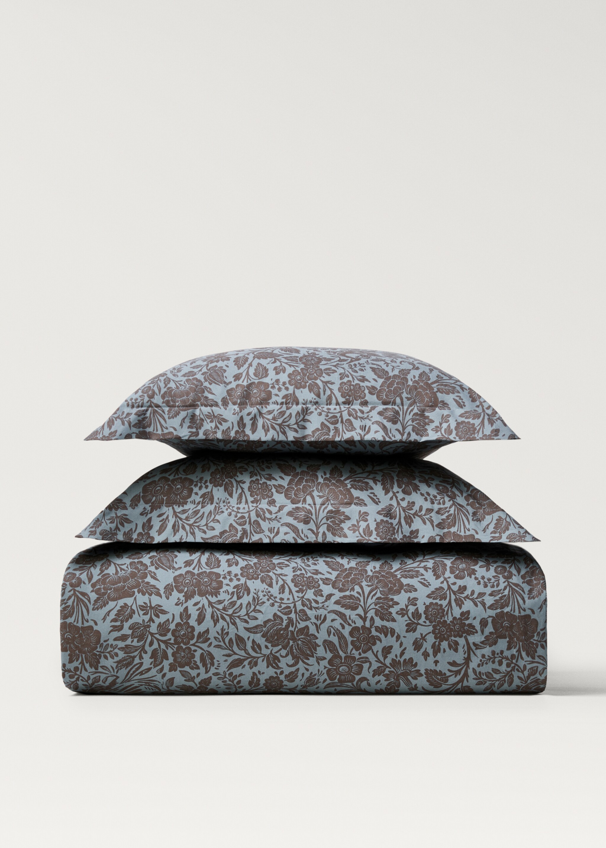 Percale cotton printed two-tone floral duvet cover Single bed - Article without model, Aqua Green. Ref: 87002954-00.