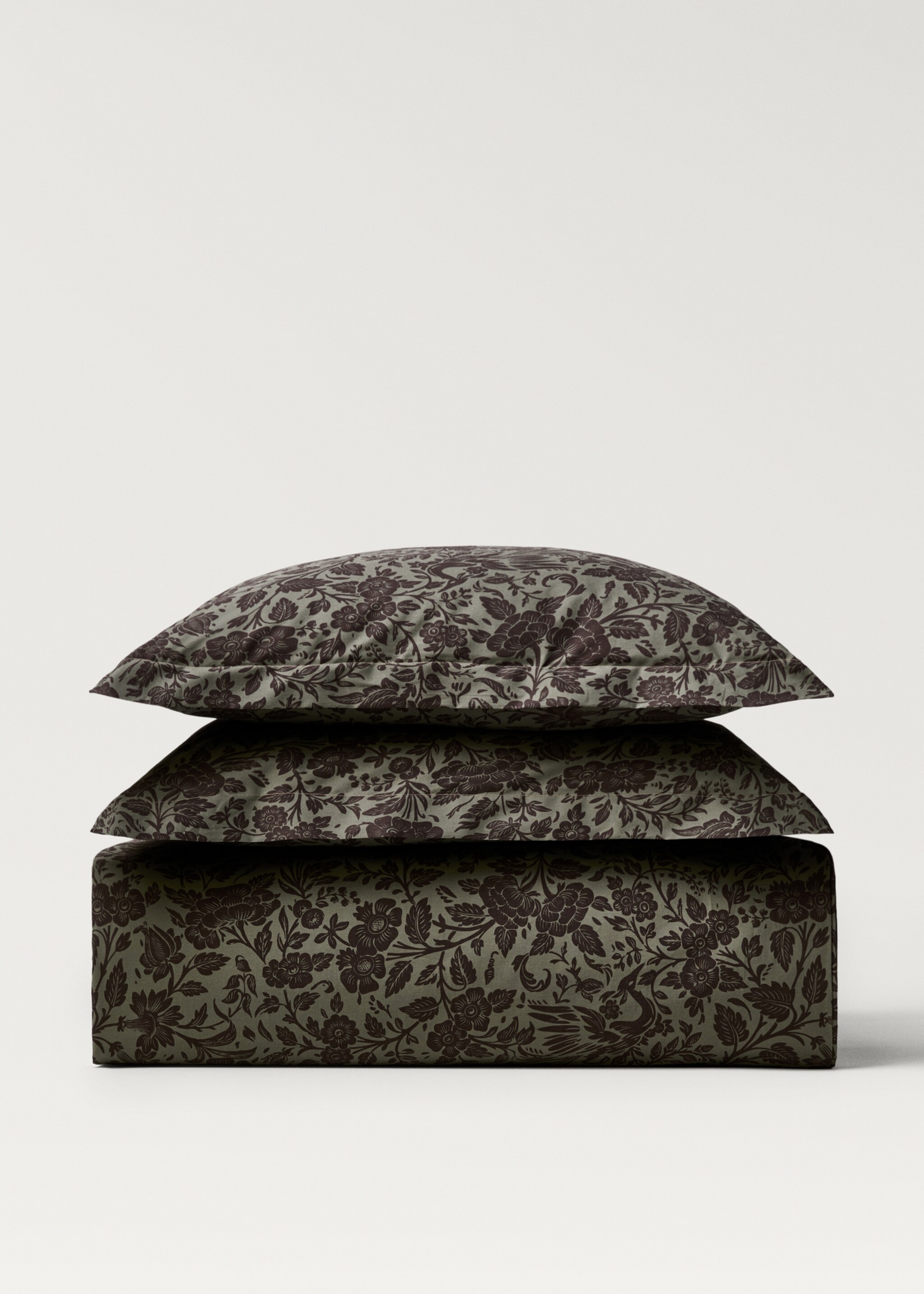 Percale cotton two-tone floral-print duvet cover King bed - Article without model, Khaki. Ref: 87002956-00.