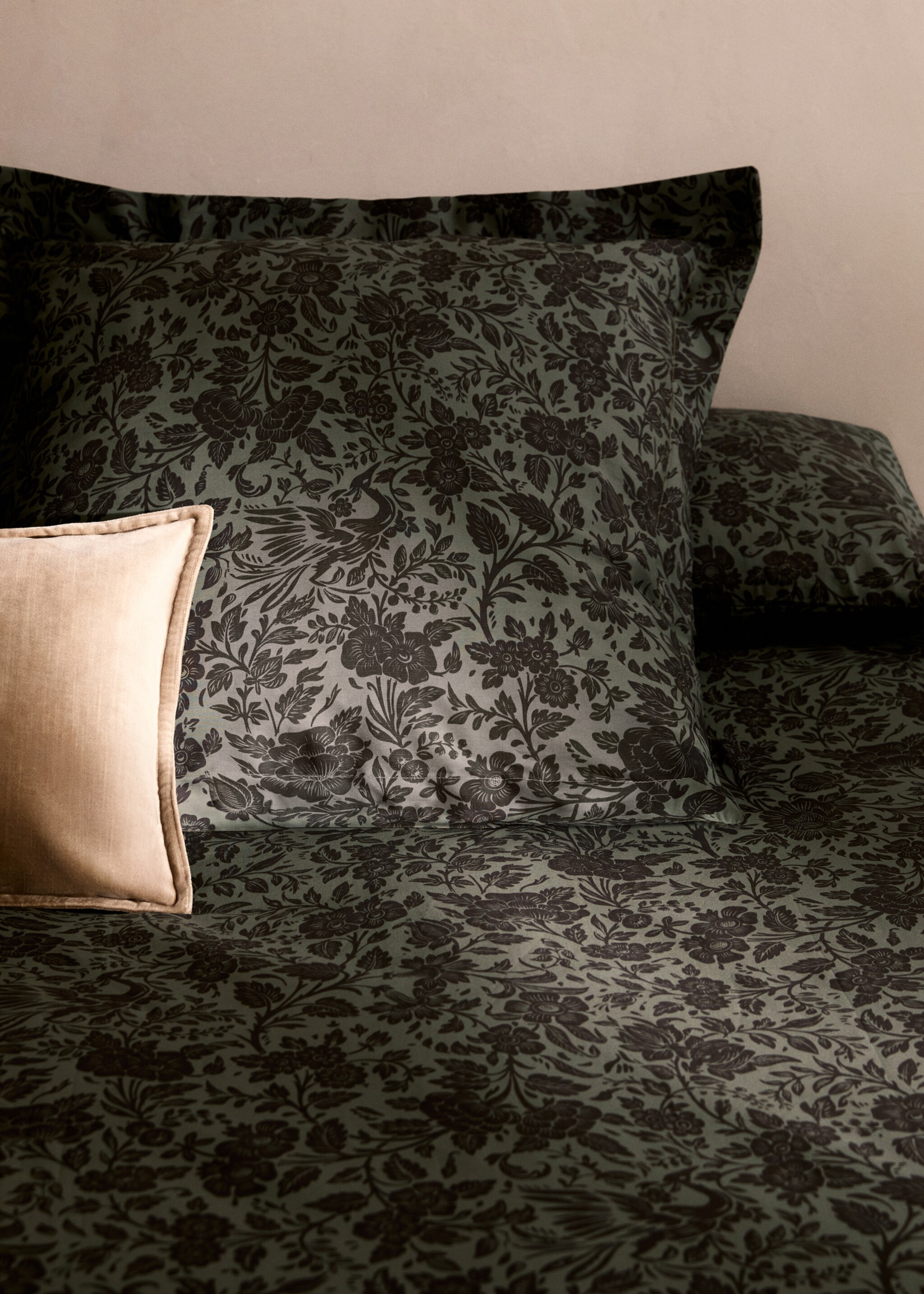 Percale cotton two-tone floral-print duvet cover King bed - Details of the article 7, Khaki. Ref: 87002956-00.