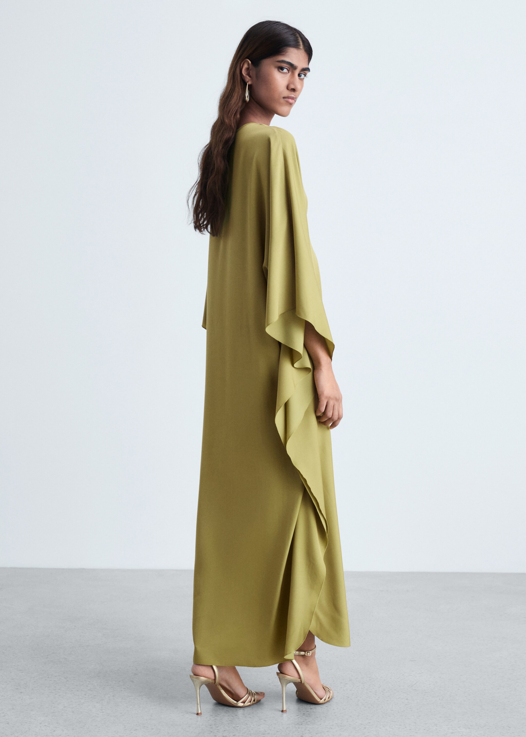 Flared-sleeve satin dress - Reverse of the article, Olive Green. Ref: 87004070-00.