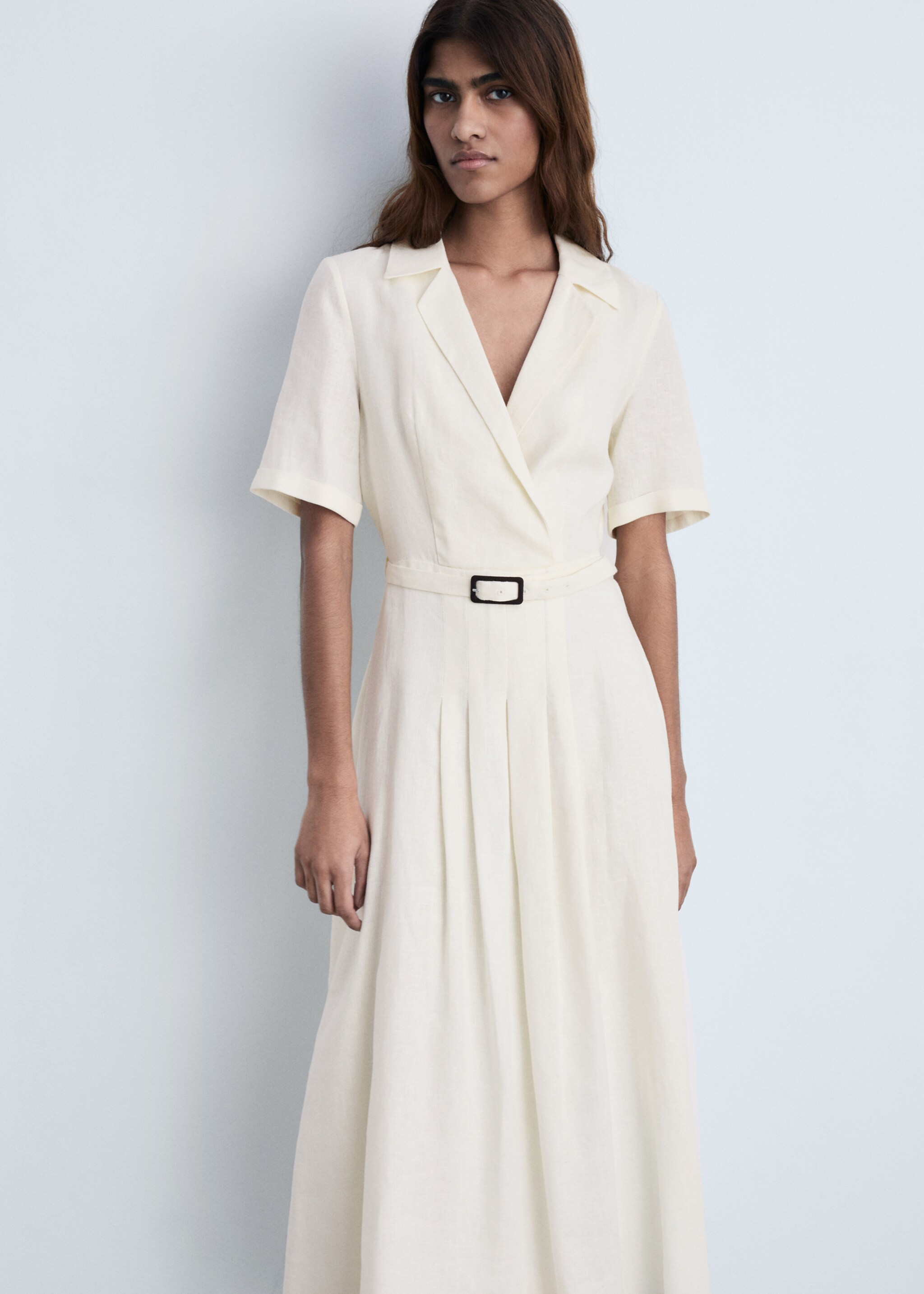 Belt linen dress - Medium plane, Vanilla. Ref: 87004786-00.