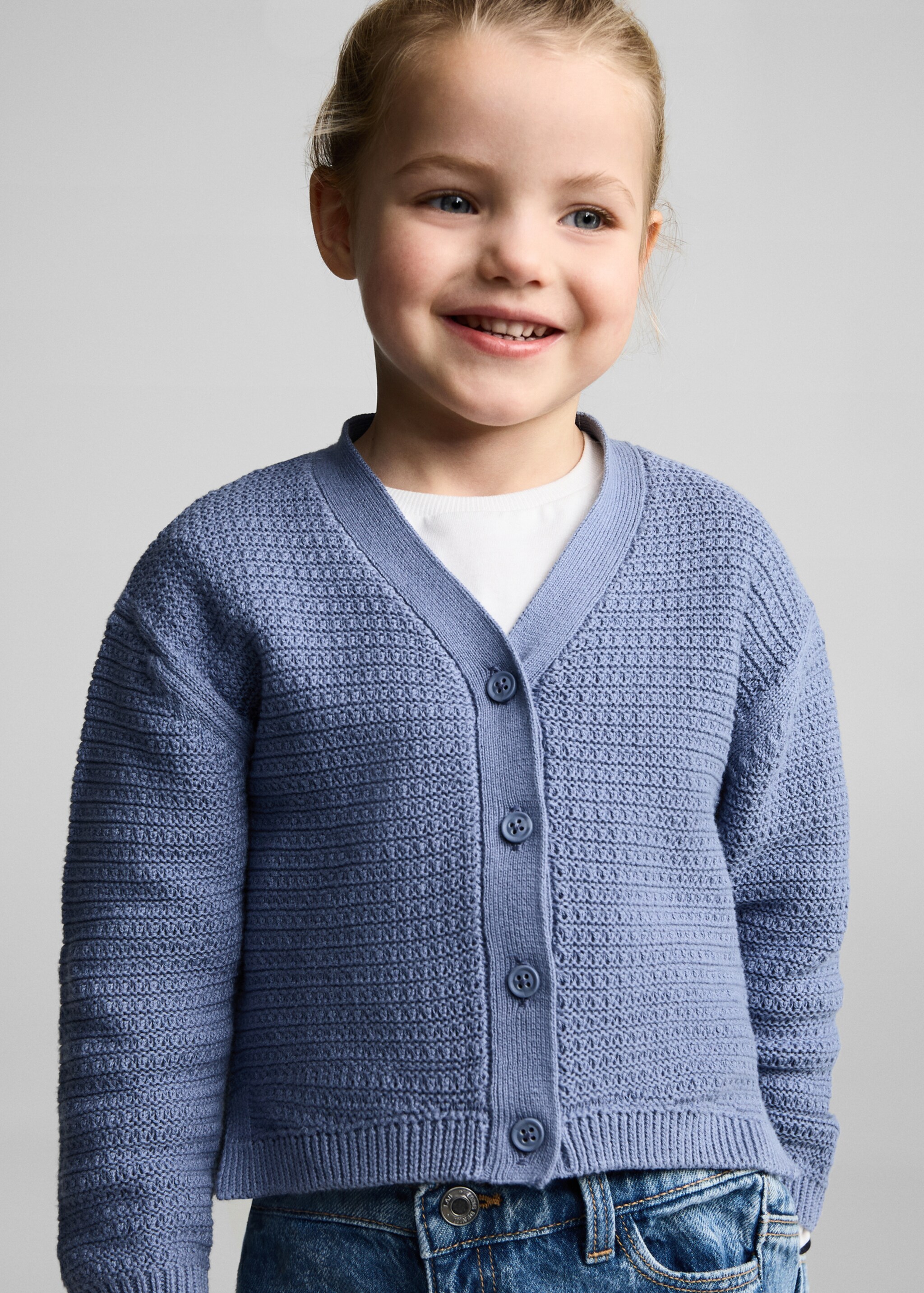 Combination knitted cotton cardigan - Details of the article 1, Blue. Ref: 87004795-00.
