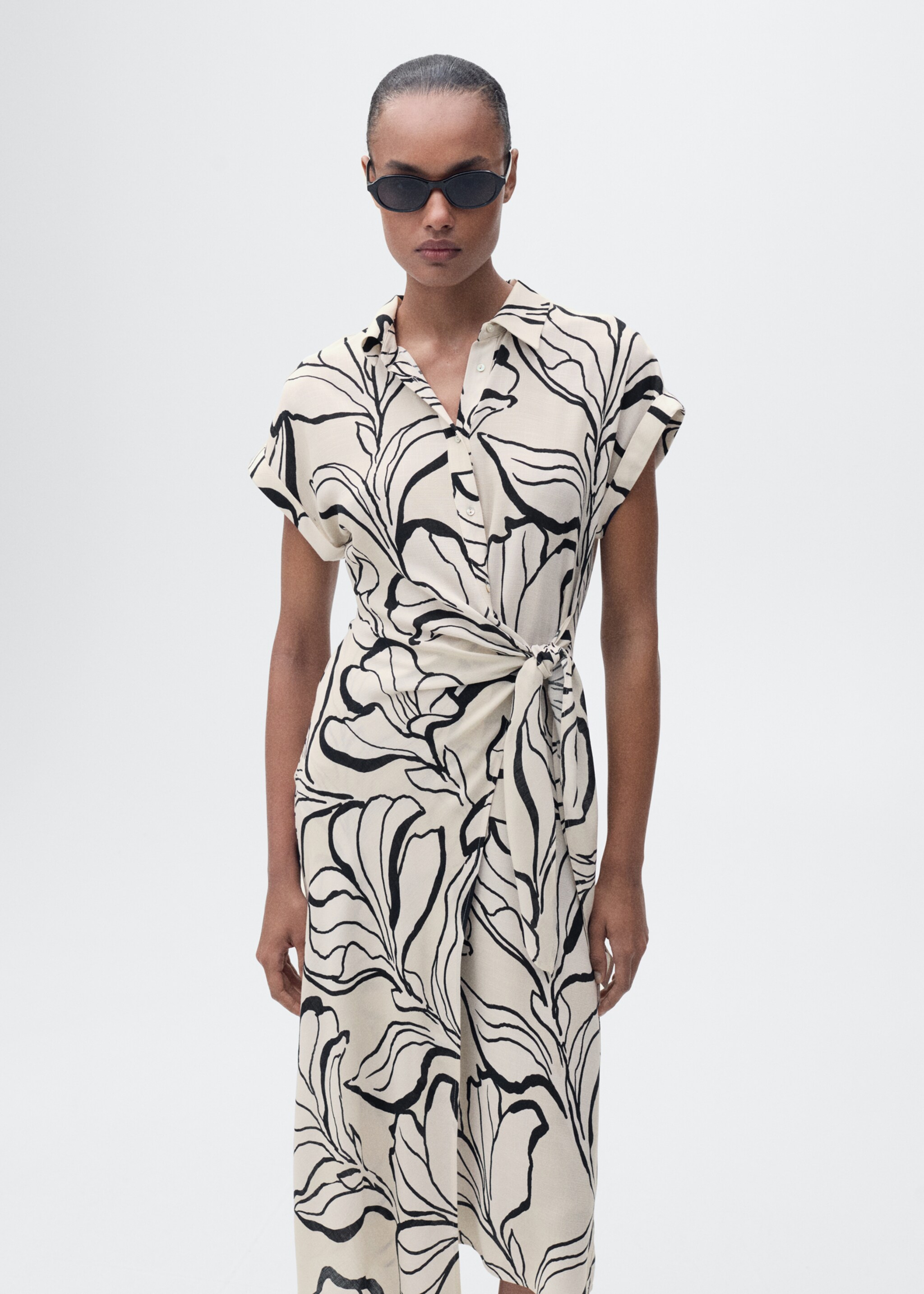 Printed dress with knot detail - Medium plane, Ecru. Ref: 87004814-00.