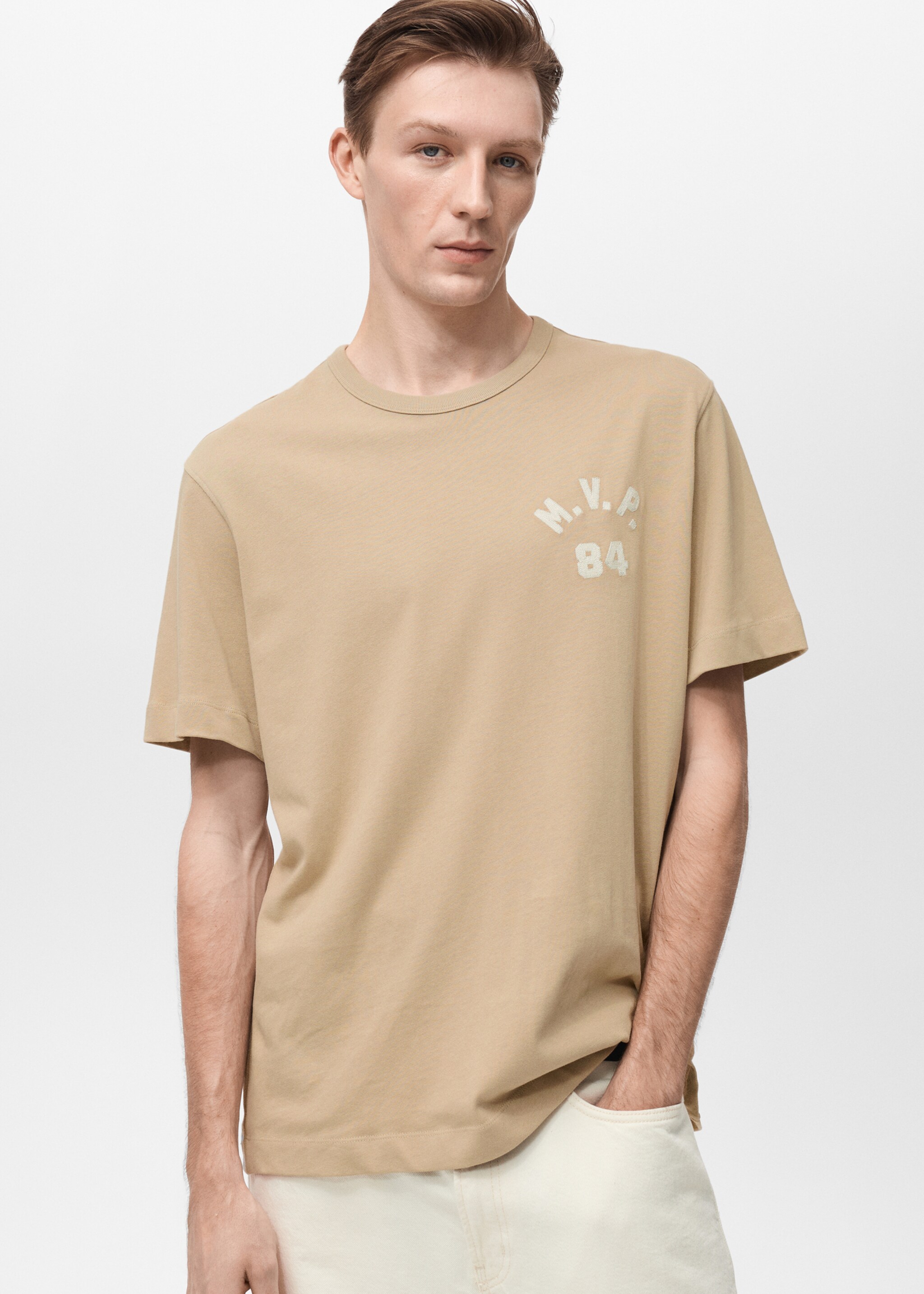 Embroidered detail cotton T-shirt - Medium plane, Beige. Ref: 87005945-00.