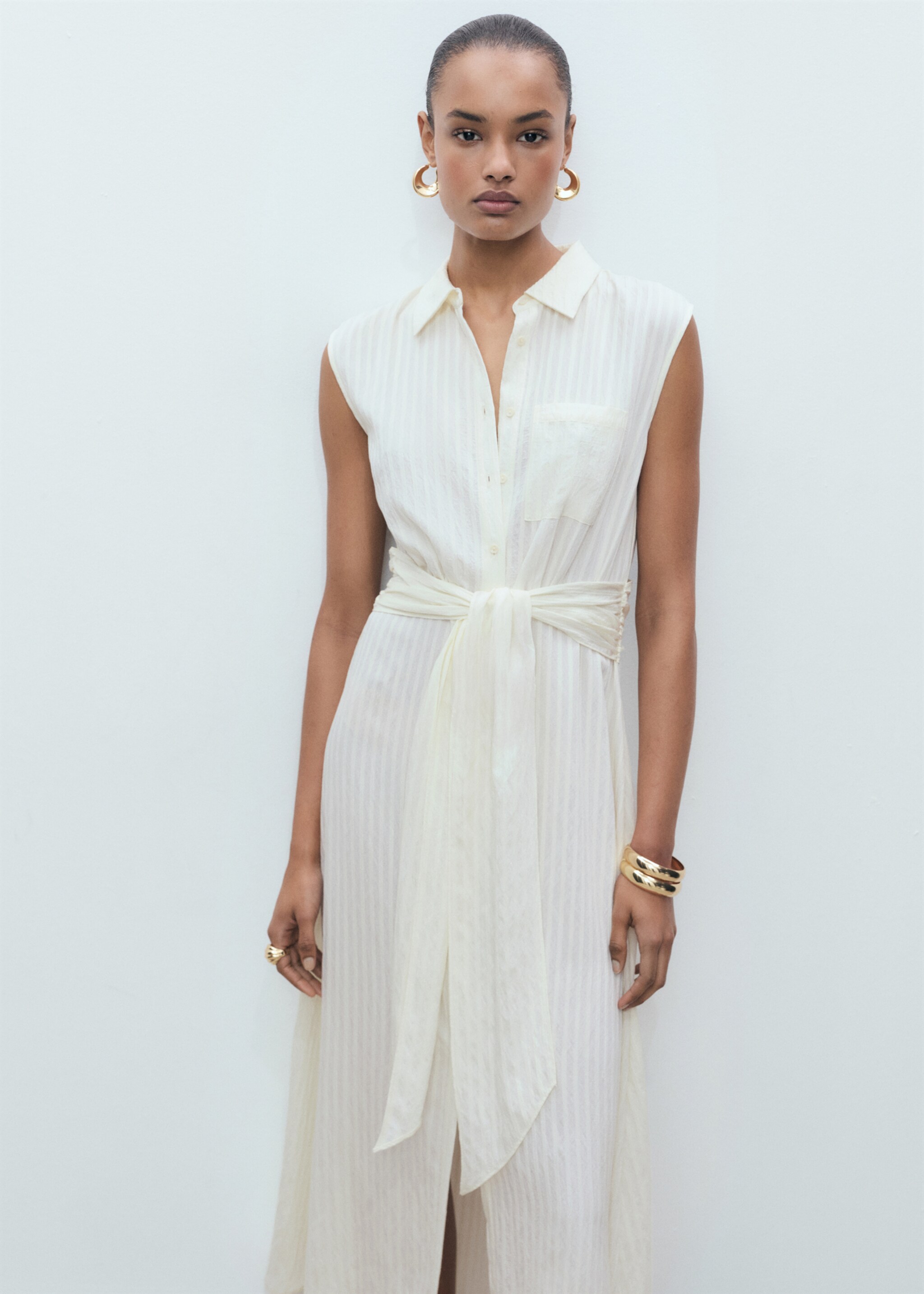 Bow shirt dress - Medium plane, Ecru. Ref: 87007188-00.