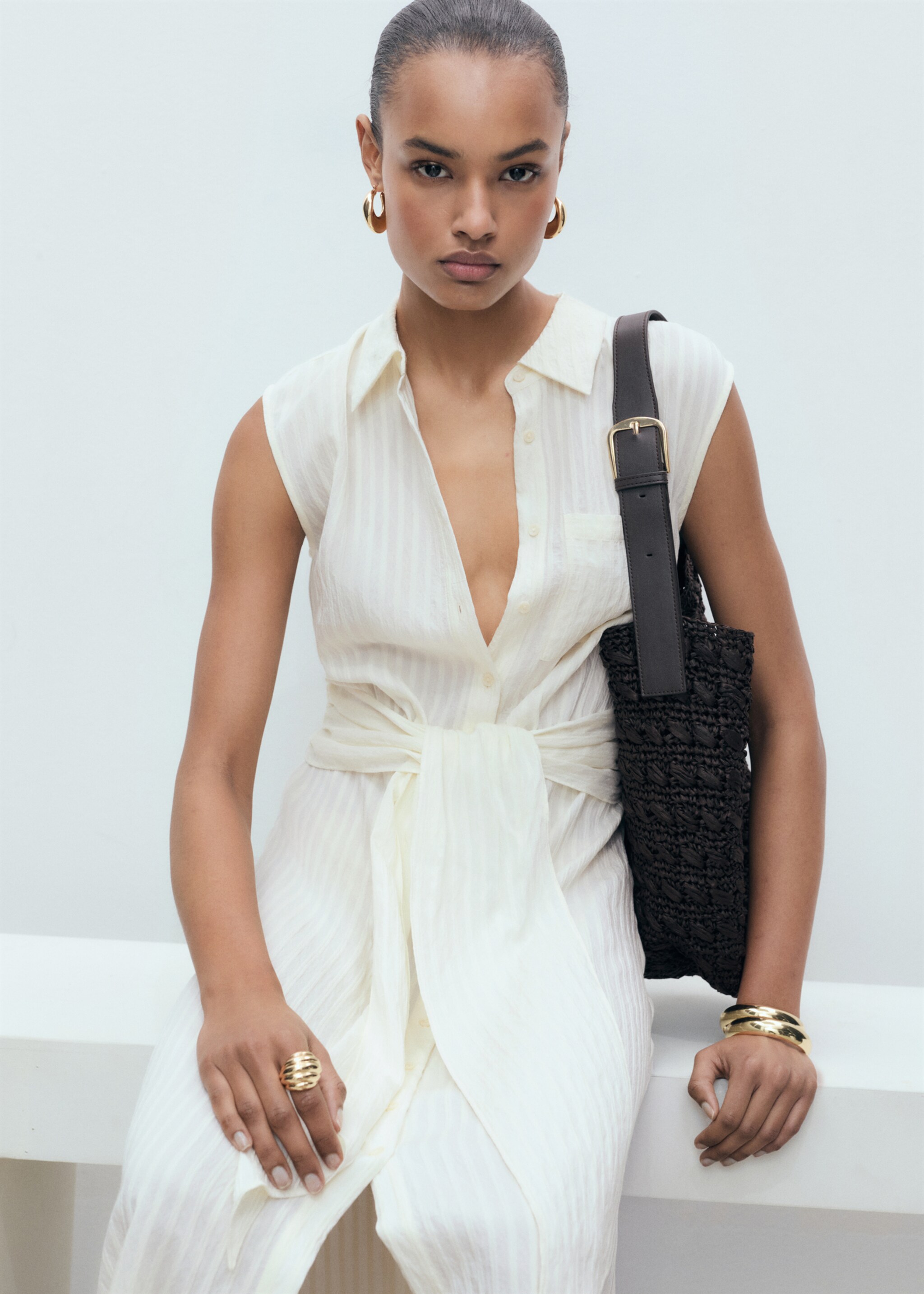 Bow shirt dress - Details of the article 6, Ecru. Ref: 87007188-00.