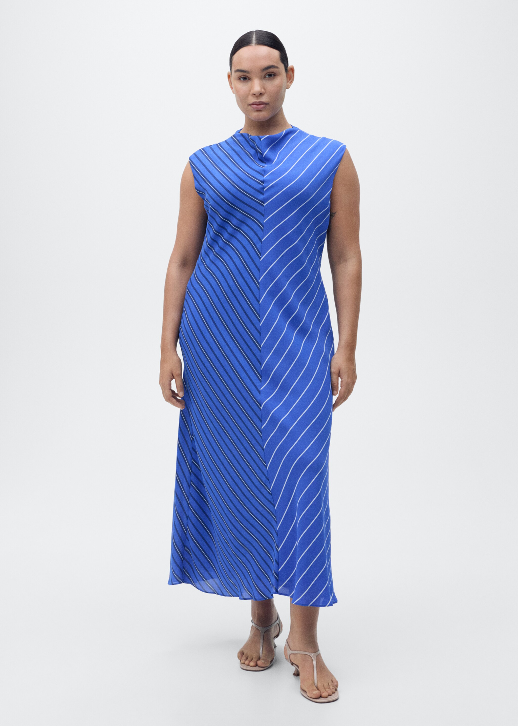 Combined striped flared dress - Details of the article 3, Blue. Ref: 87007204-00.