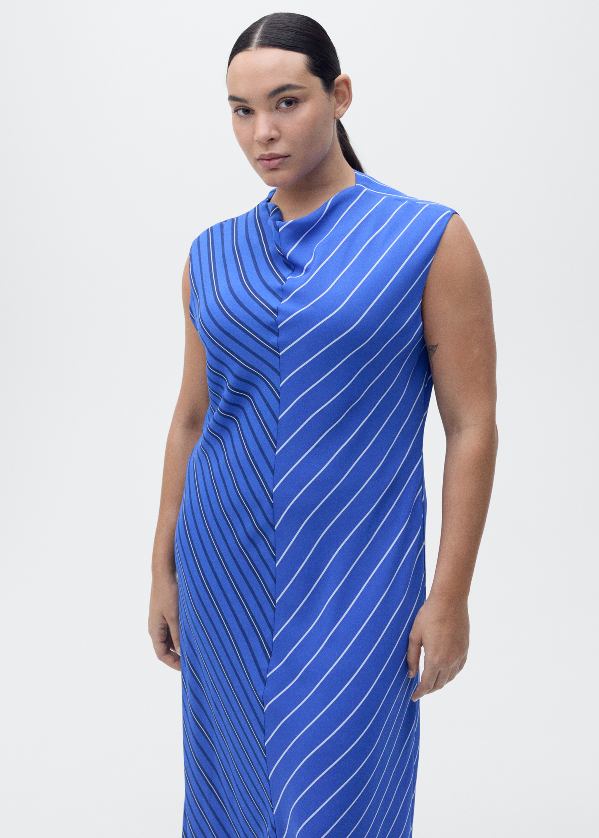 Combined striped flared dress - Details of the article 5, Blue. Ref: 87007204-00.