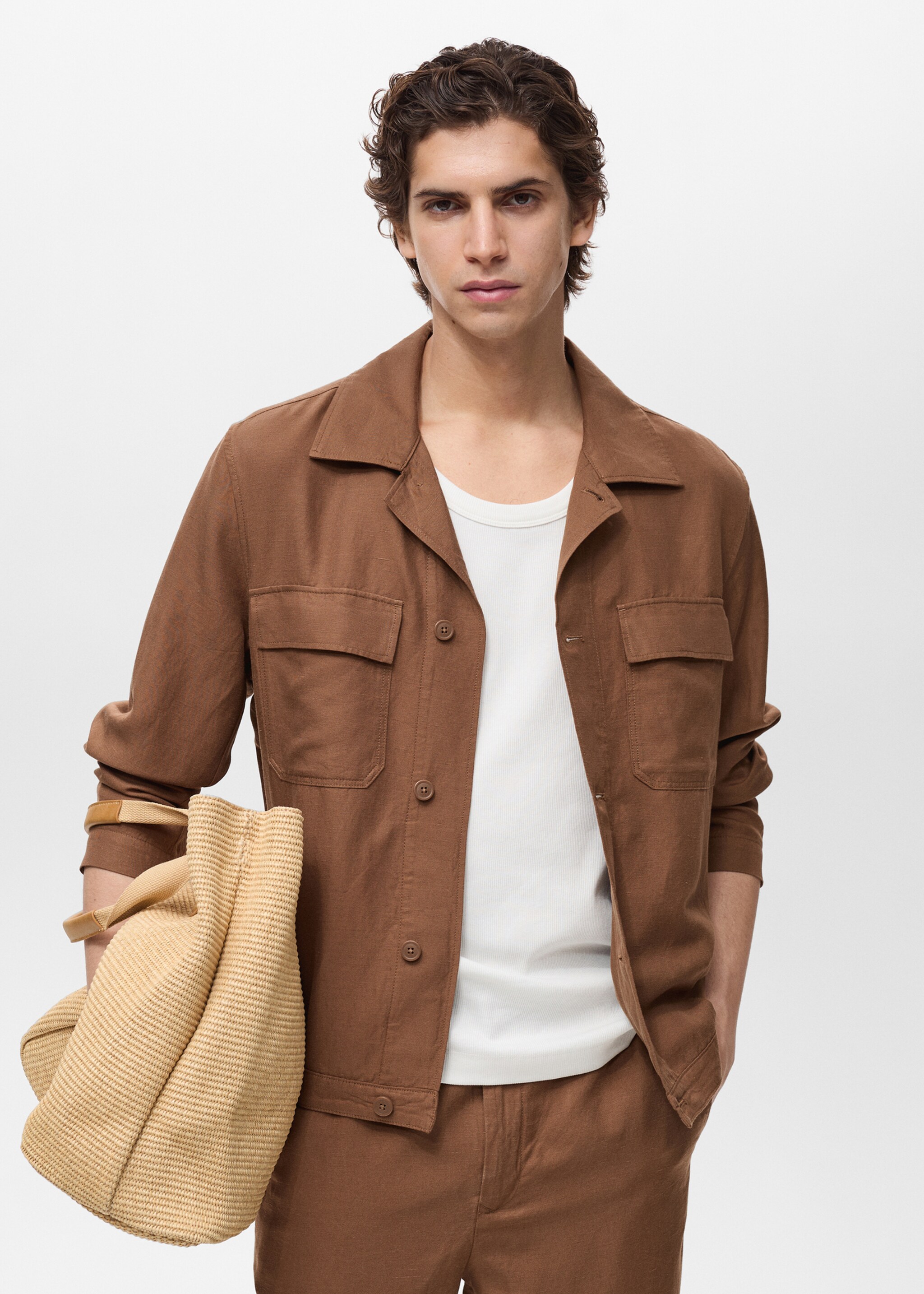 Bowling-style overshirt in a linen blend - Medium plane, Tobacco Brown. Ref: 87009208-00.