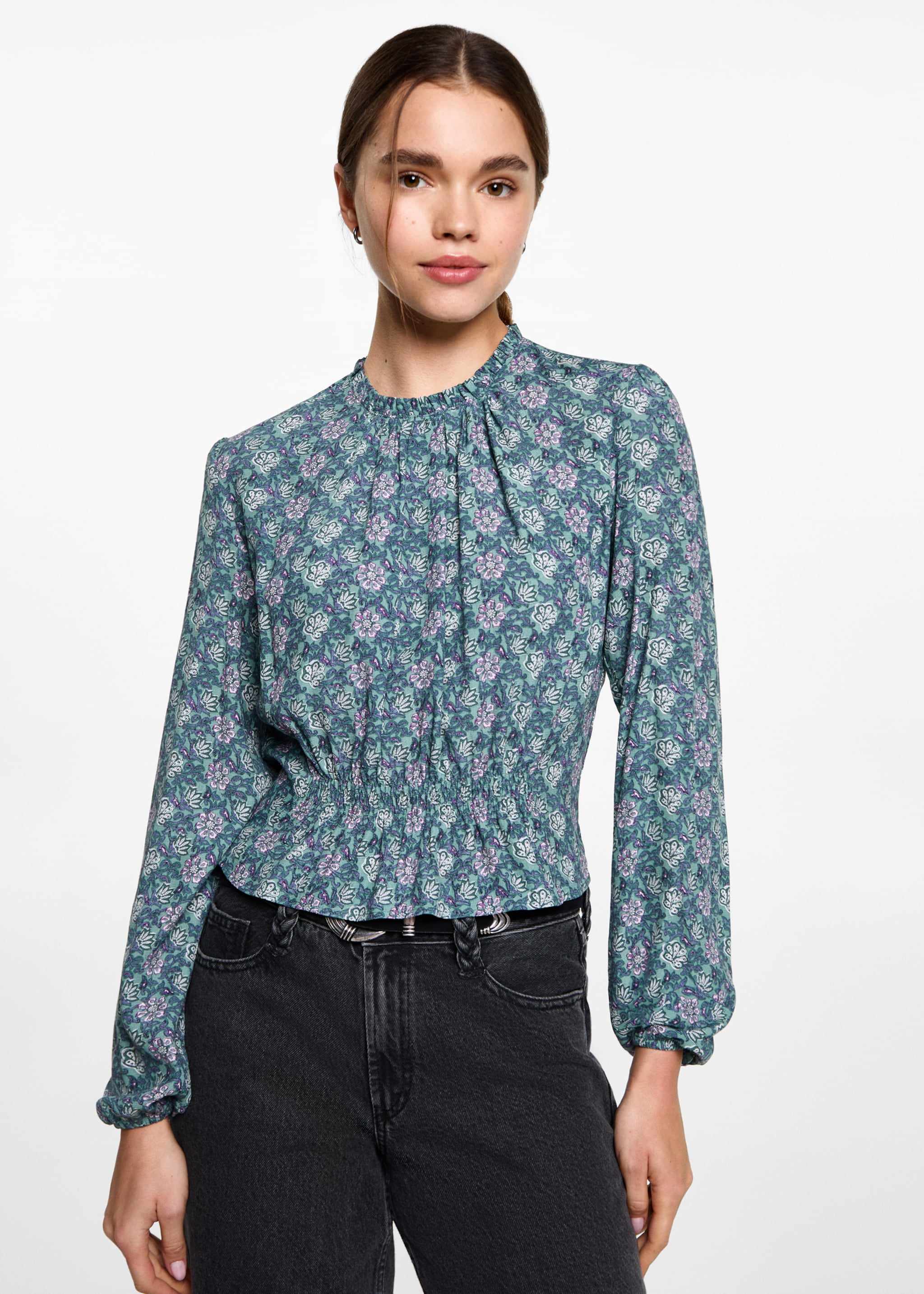 Floral print blouse - Medium plane, Mint Green. Ref: 87010378-00.